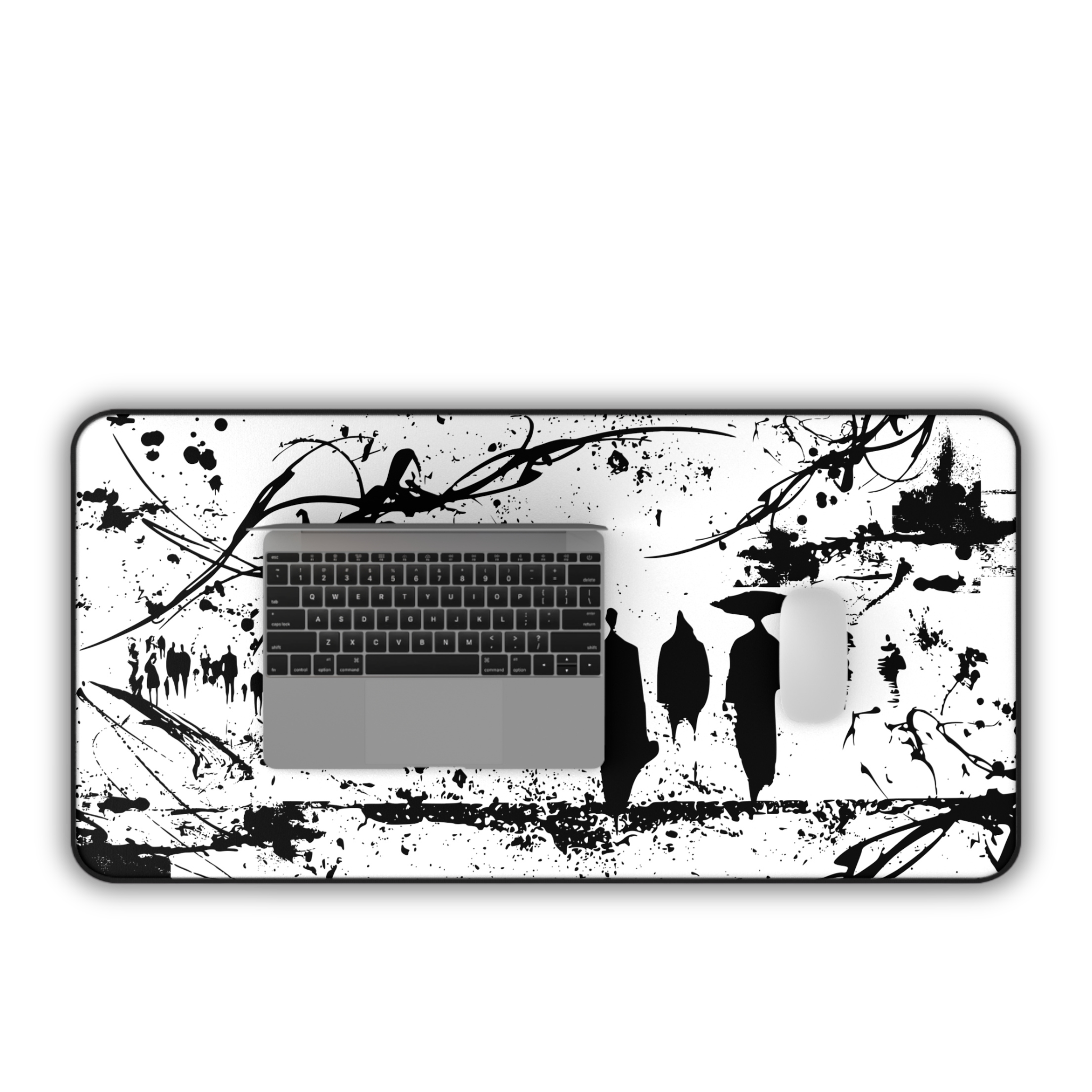 Abstract Silhouetted Walkers – White Desk Mat – Minimal Monochrome Mouse Pad