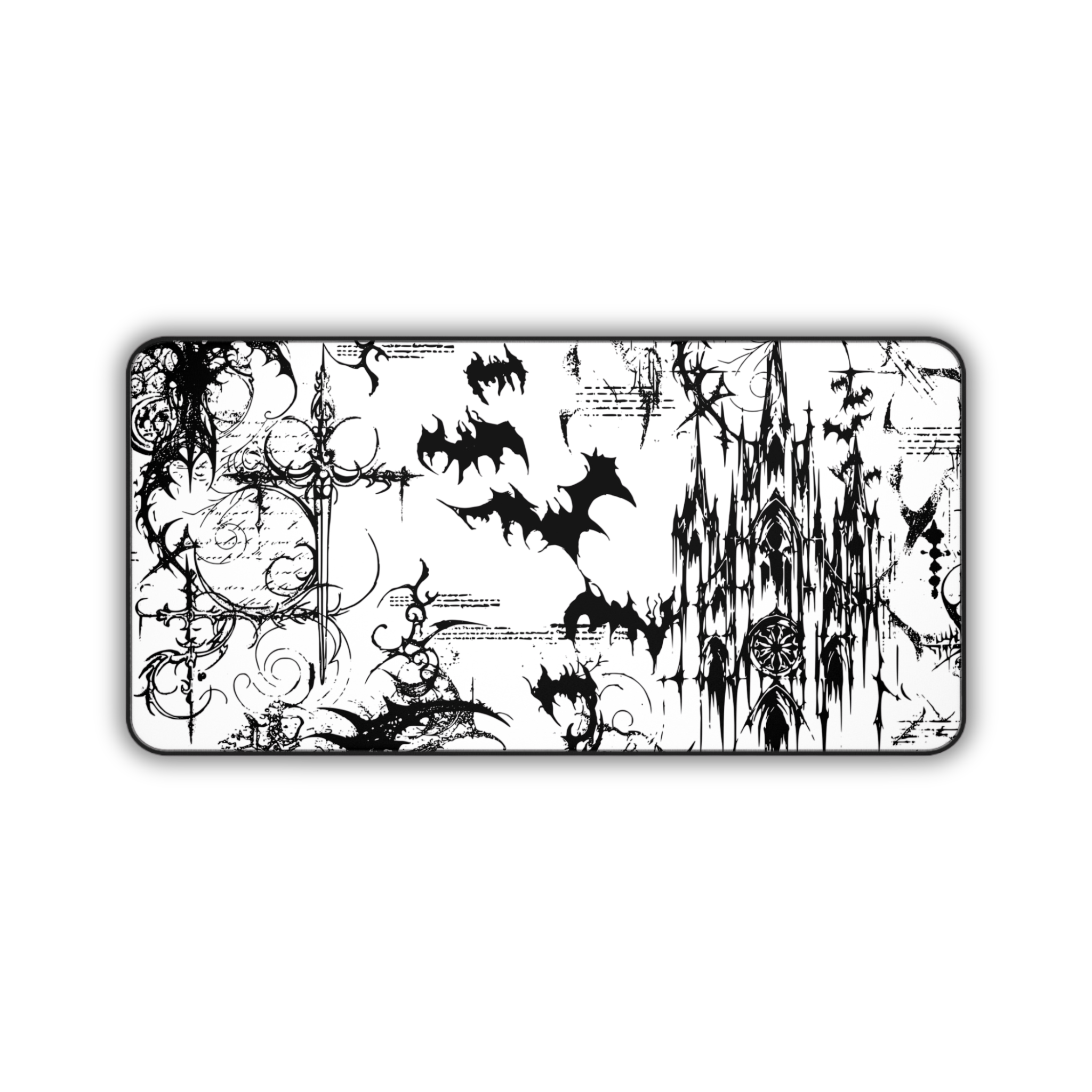 Gothic Castle with Bats – White Desk Mat – Vampire Aesthetic Mouse Pad
