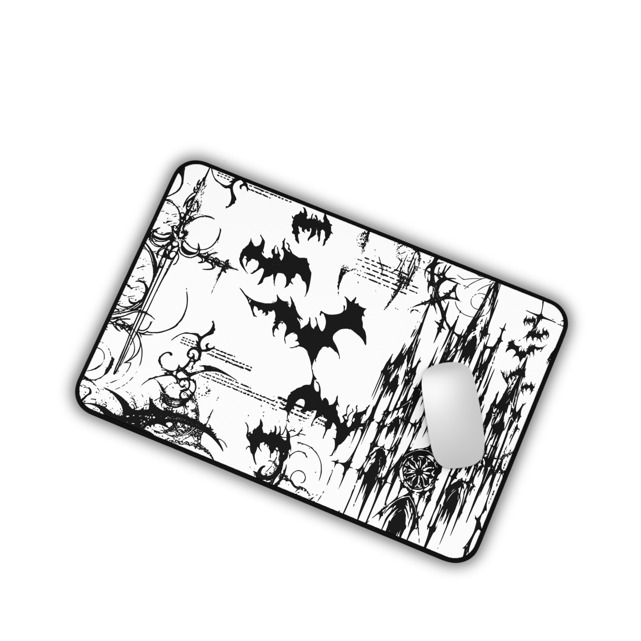 Gothic Castle with Bats – White Desk Mat – Vampire Aesthetic Mouse Pad