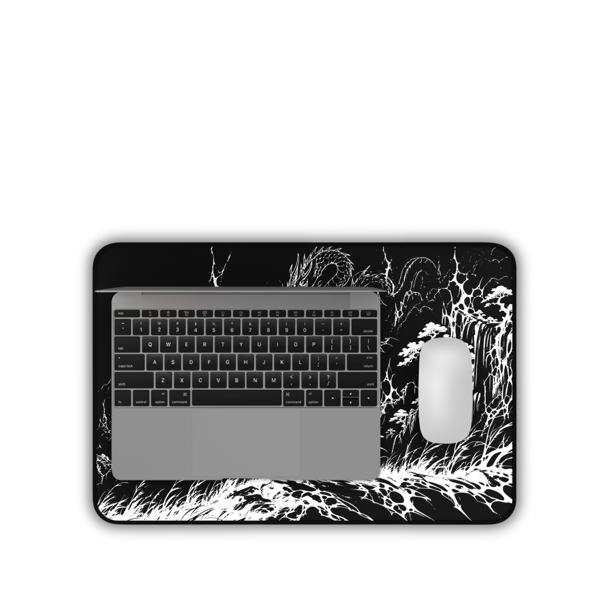 Samurai Silhouette with Dragon – Black Desk Mat – Japanese Warrior Mouse Pad