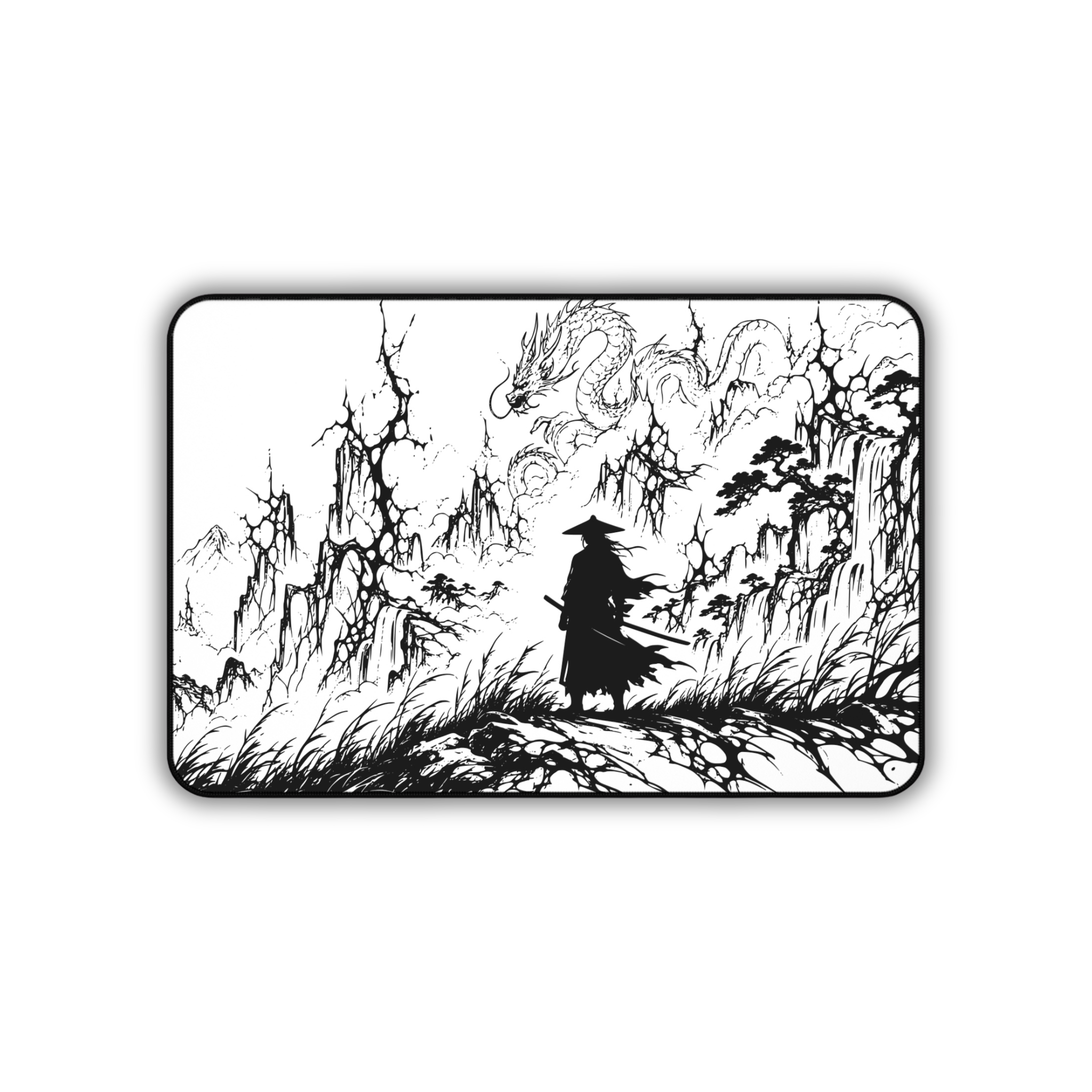 Samurai Dragon Ink Landscape – White Desk Mat – Japanese Warrior Mouse Pad