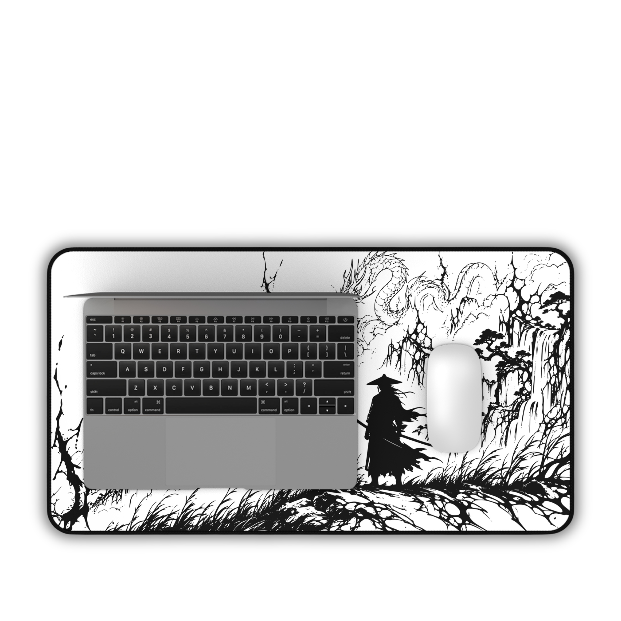 Samurai Dragon Ink Landscape – White Desk Mat – Japanese Warrior Mouse Pad