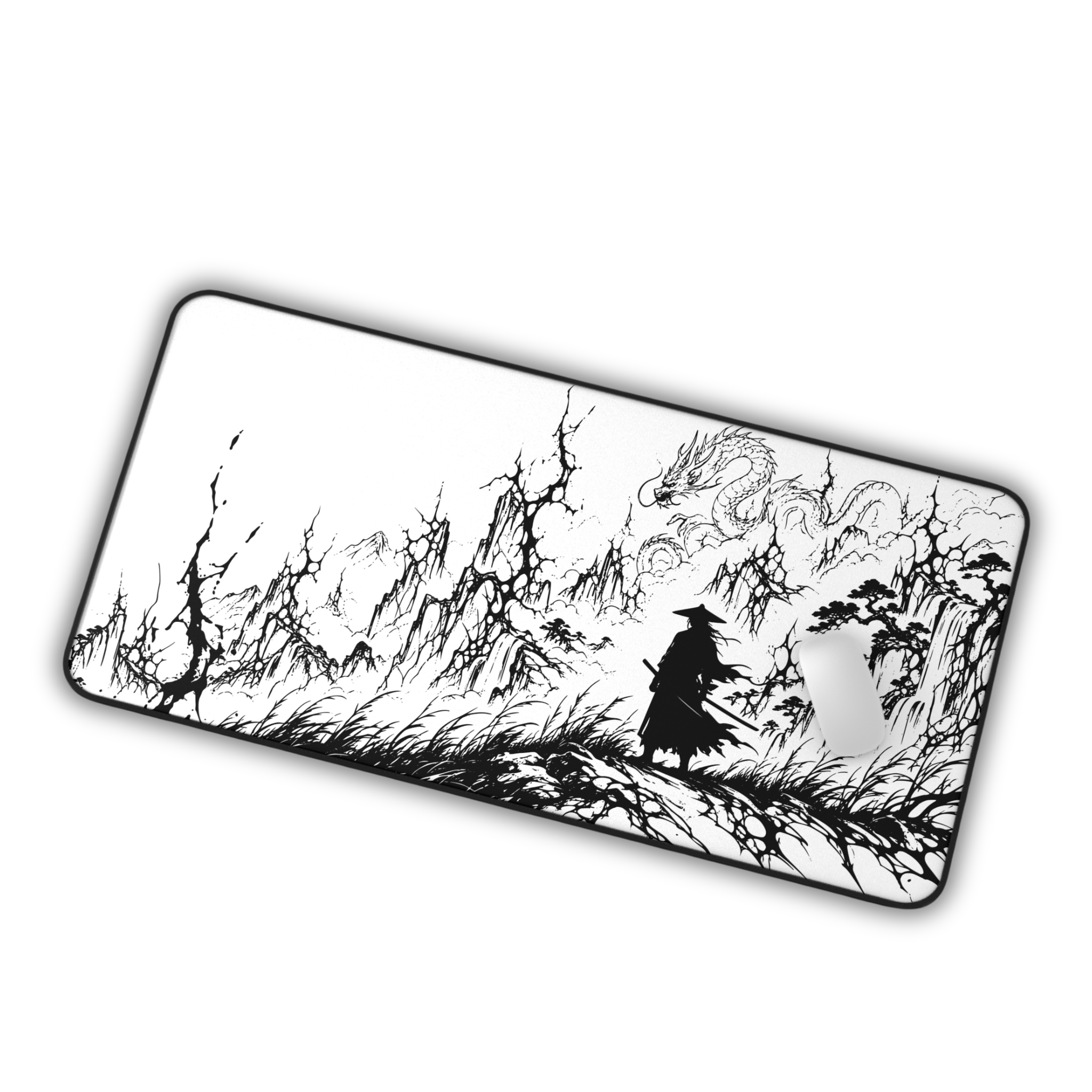 Samurai Dragon Ink Landscape – White Desk Mat – Japanese Warrior Mouse Pad
