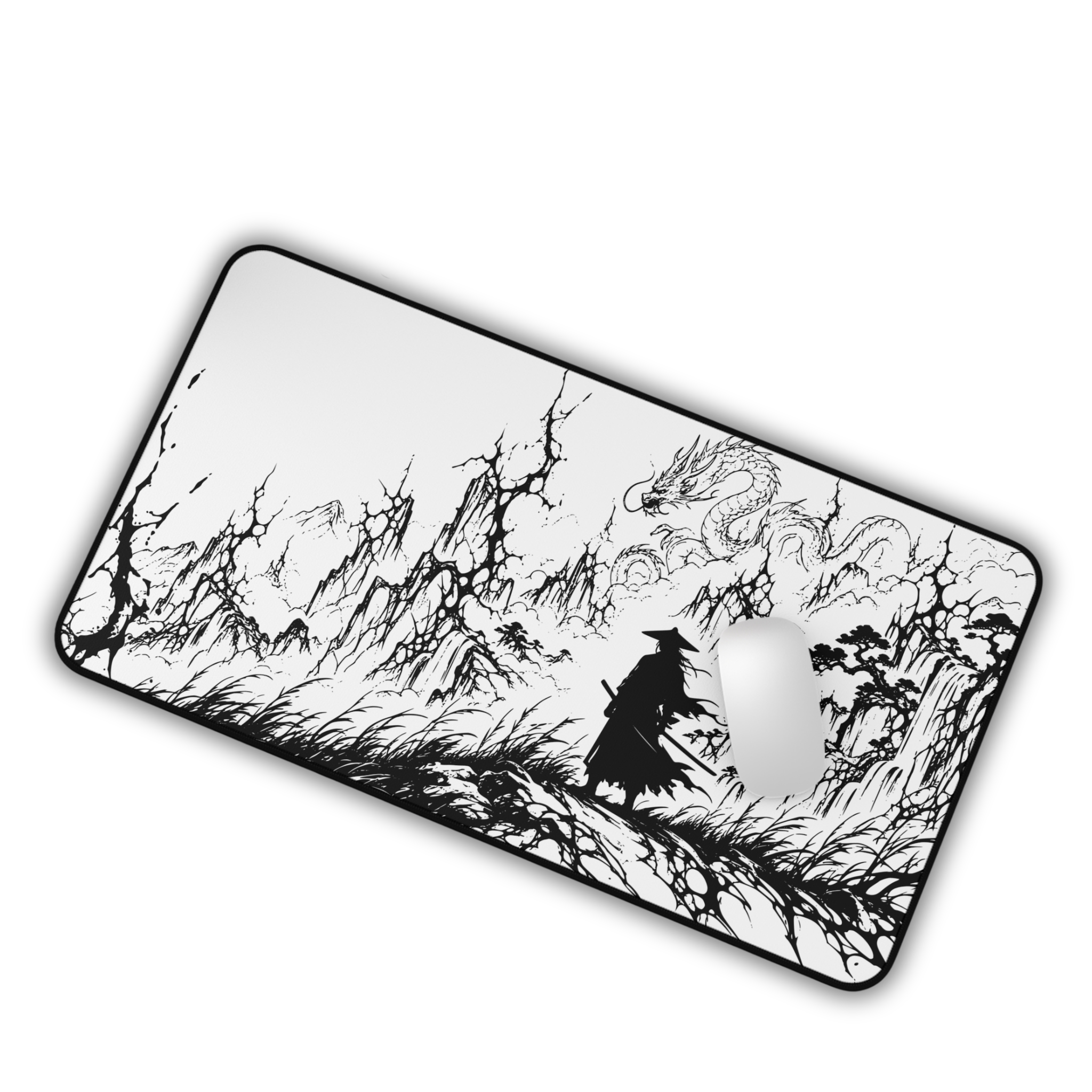 Samurai Dragon Ink Landscape – White Desk Mat – Japanese Warrior Mouse Pad
