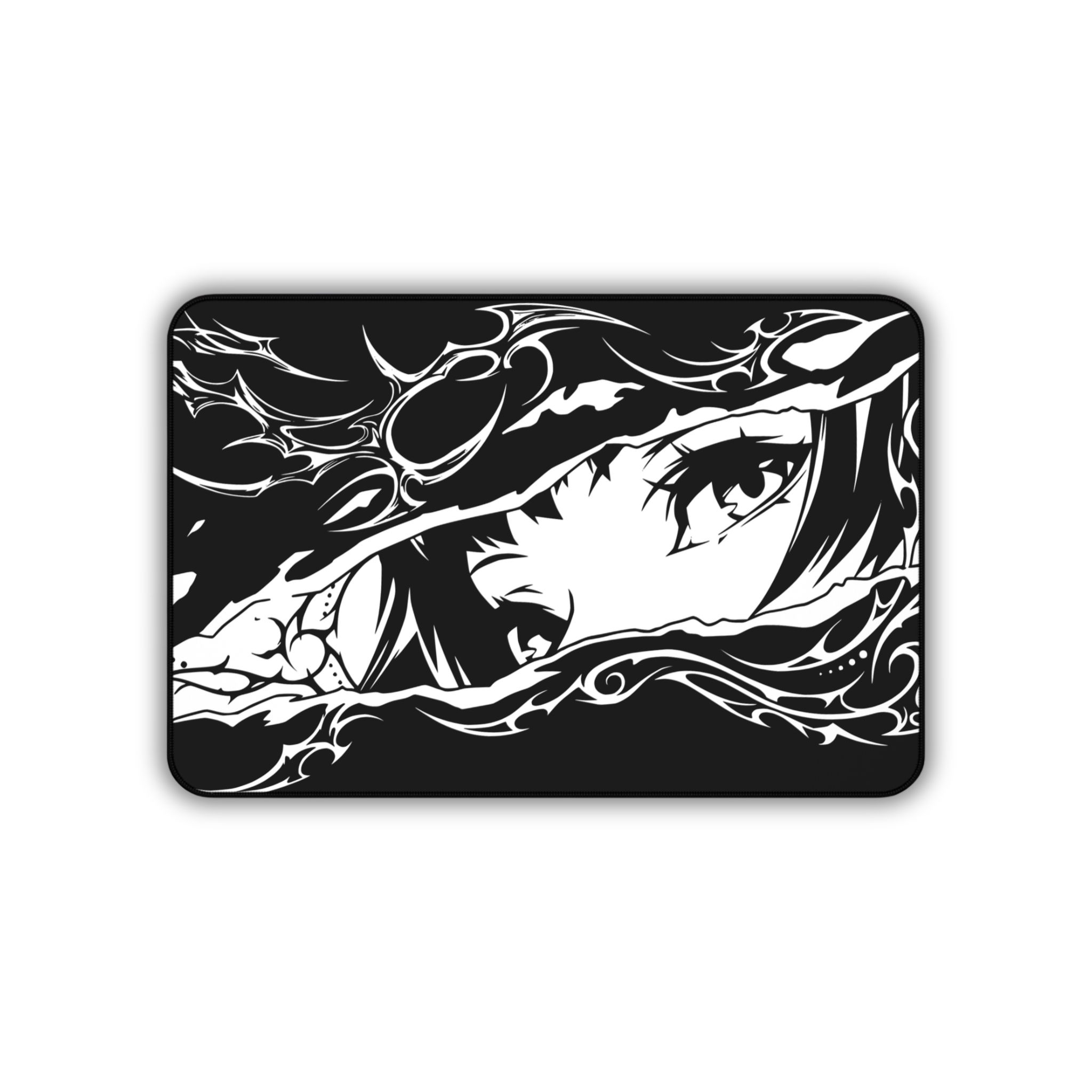 Cyber Sigil Ripped Anime Eyes – Black Desk Mat – Monochrome Illustration Mouse Pad