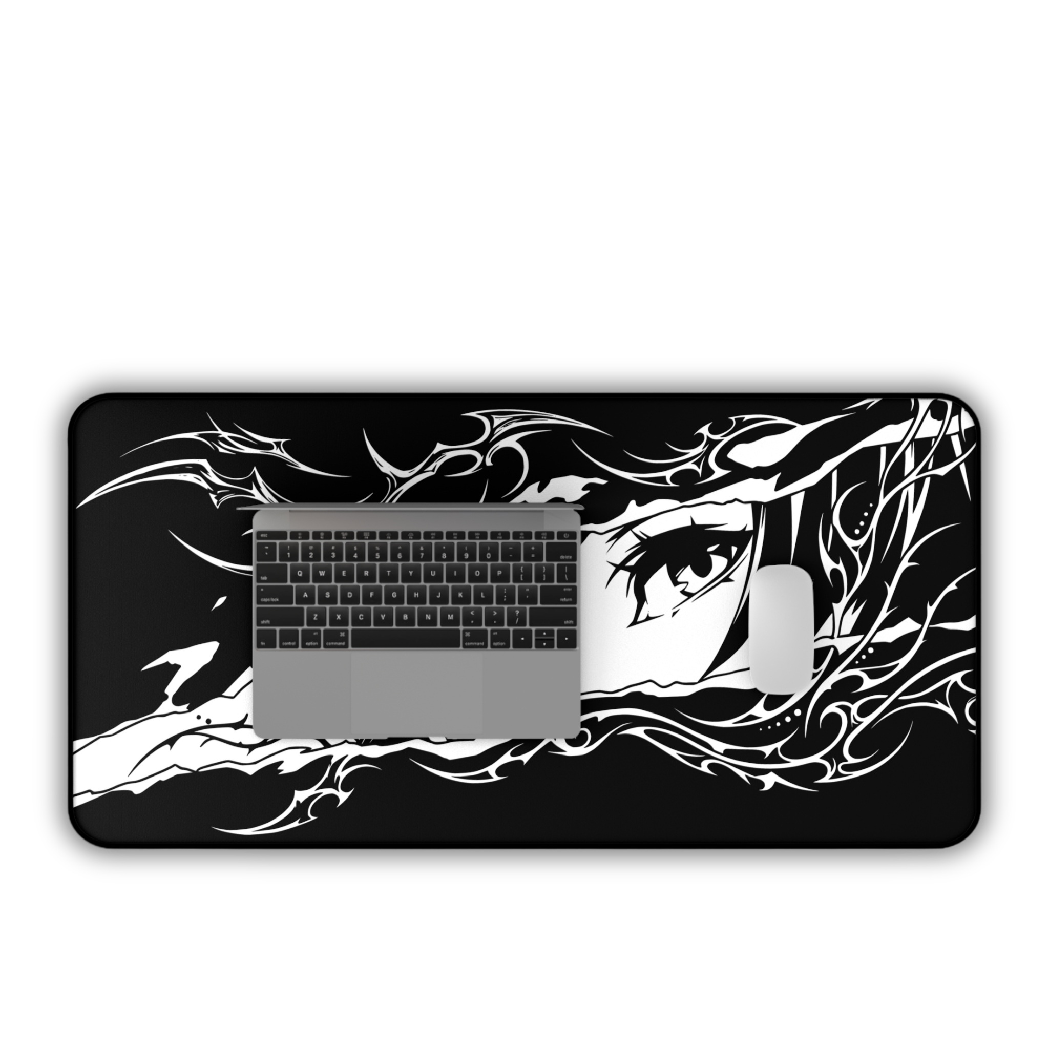 Cyber Sigil Ripped Anime Eyes – Black Desk Mat – Monochrome Illustration Mouse Pad