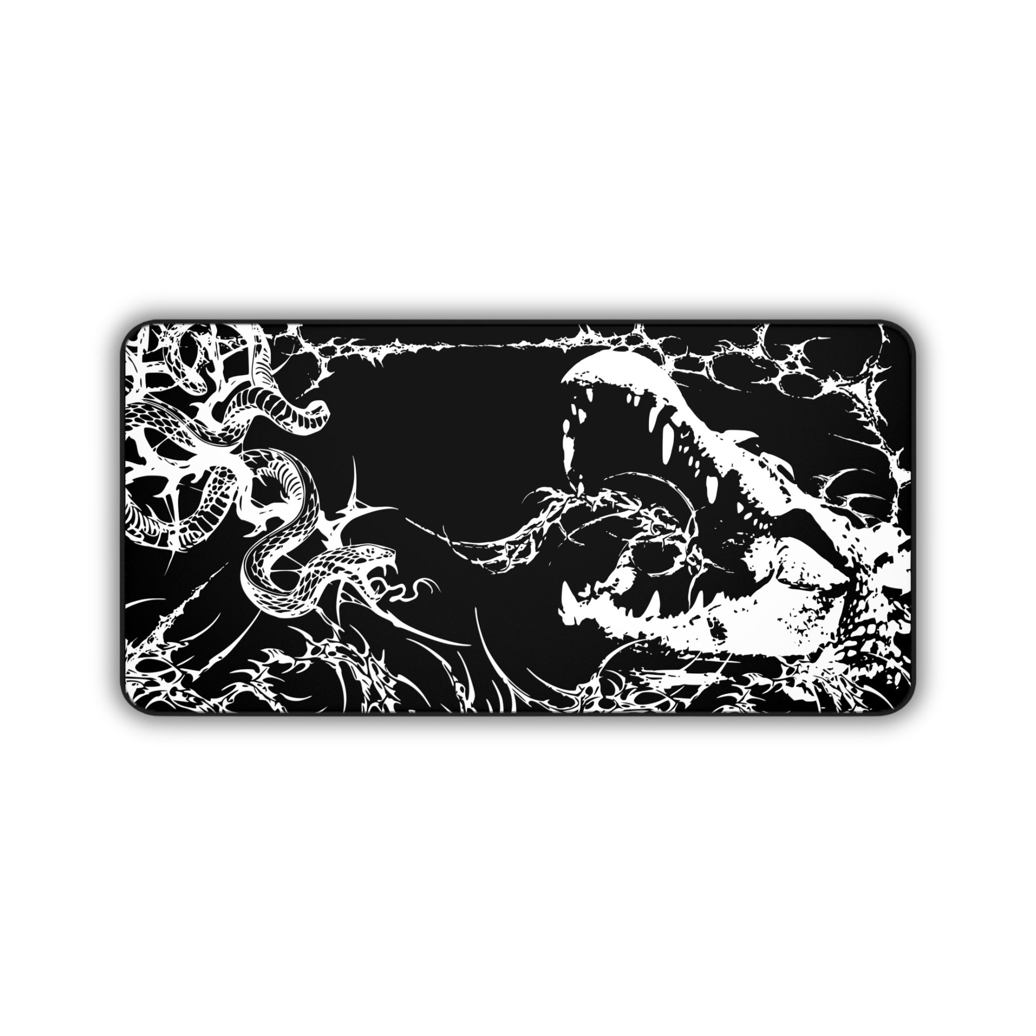 Crocodile and Snake Illustration – Black Desk Mat – Monochrome Animal Mouse Pad