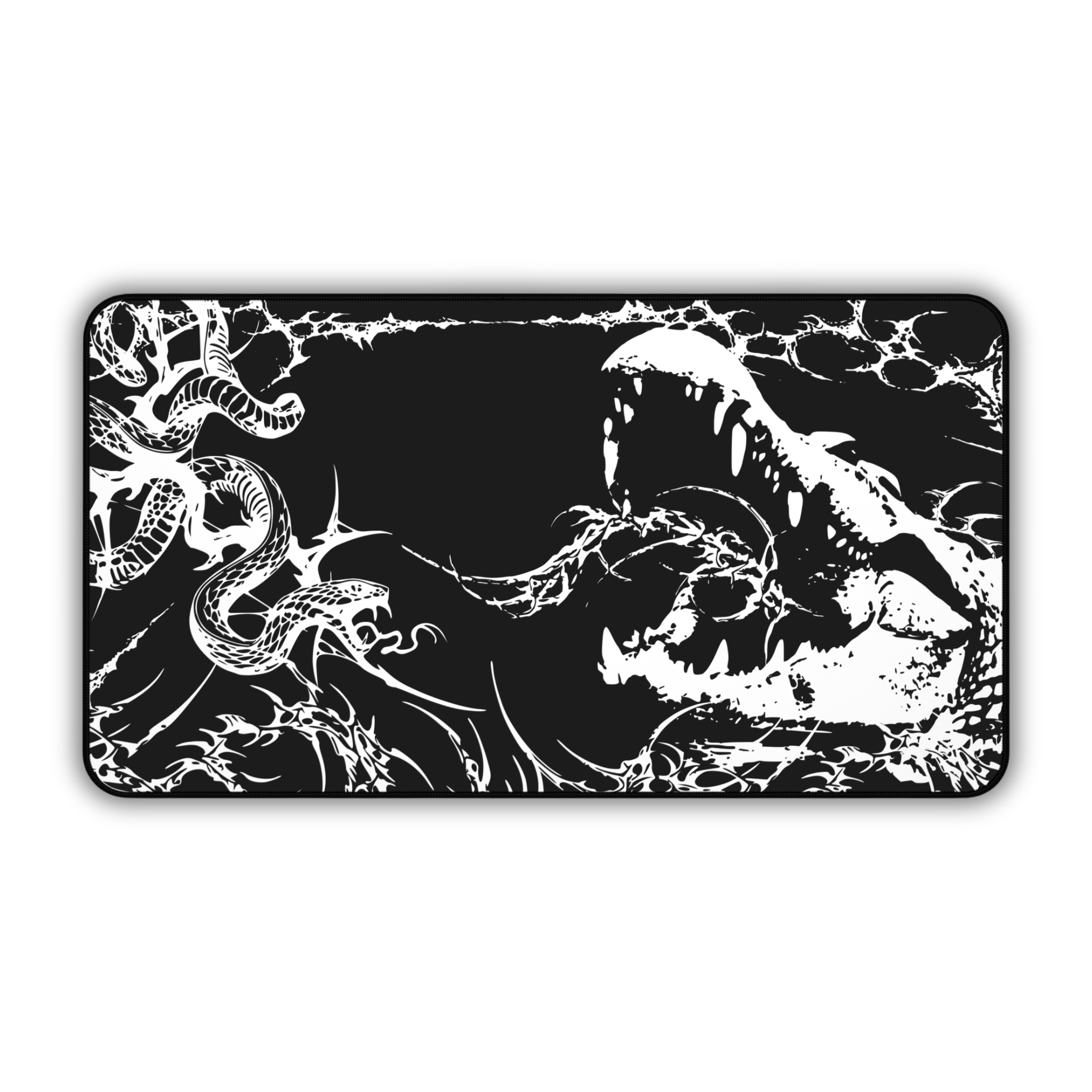 Crocodile and Snake Illustration – Black Desk Mat – Monochrome Animal Mouse Pad