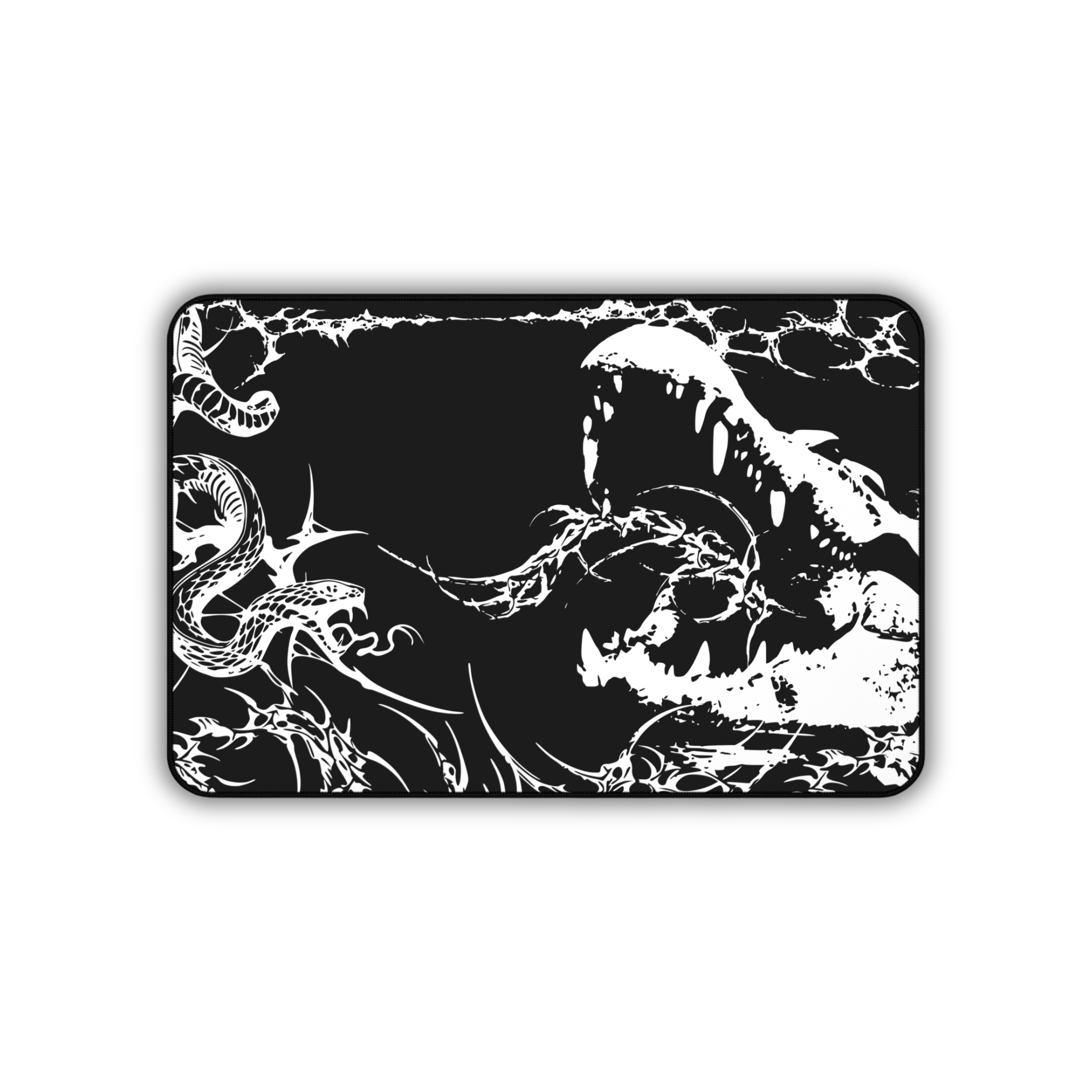 Crocodile and Snake Illustration – Black Desk Mat – Monochrome Animal Mouse Pad