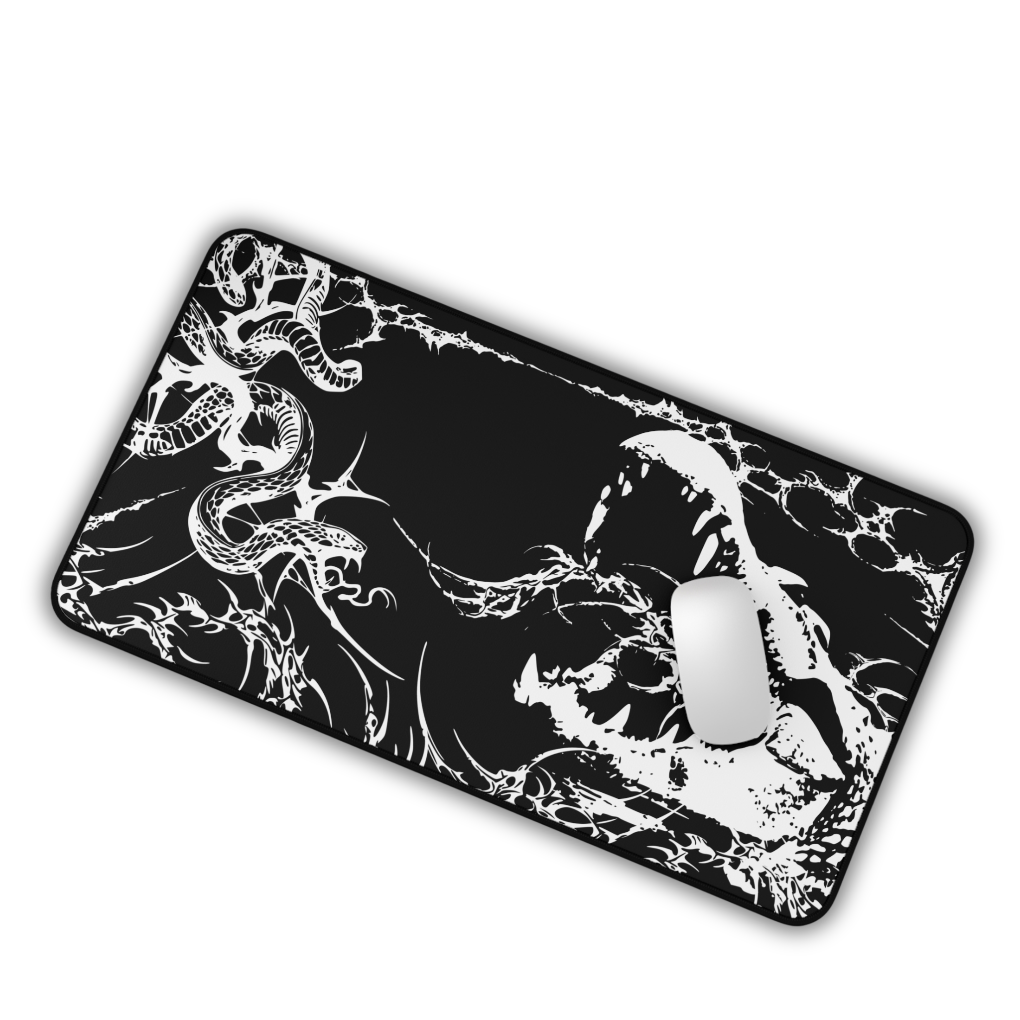 Crocodile and Snake Illustration – Black Desk Mat – Monochrome Animal Mouse Pad