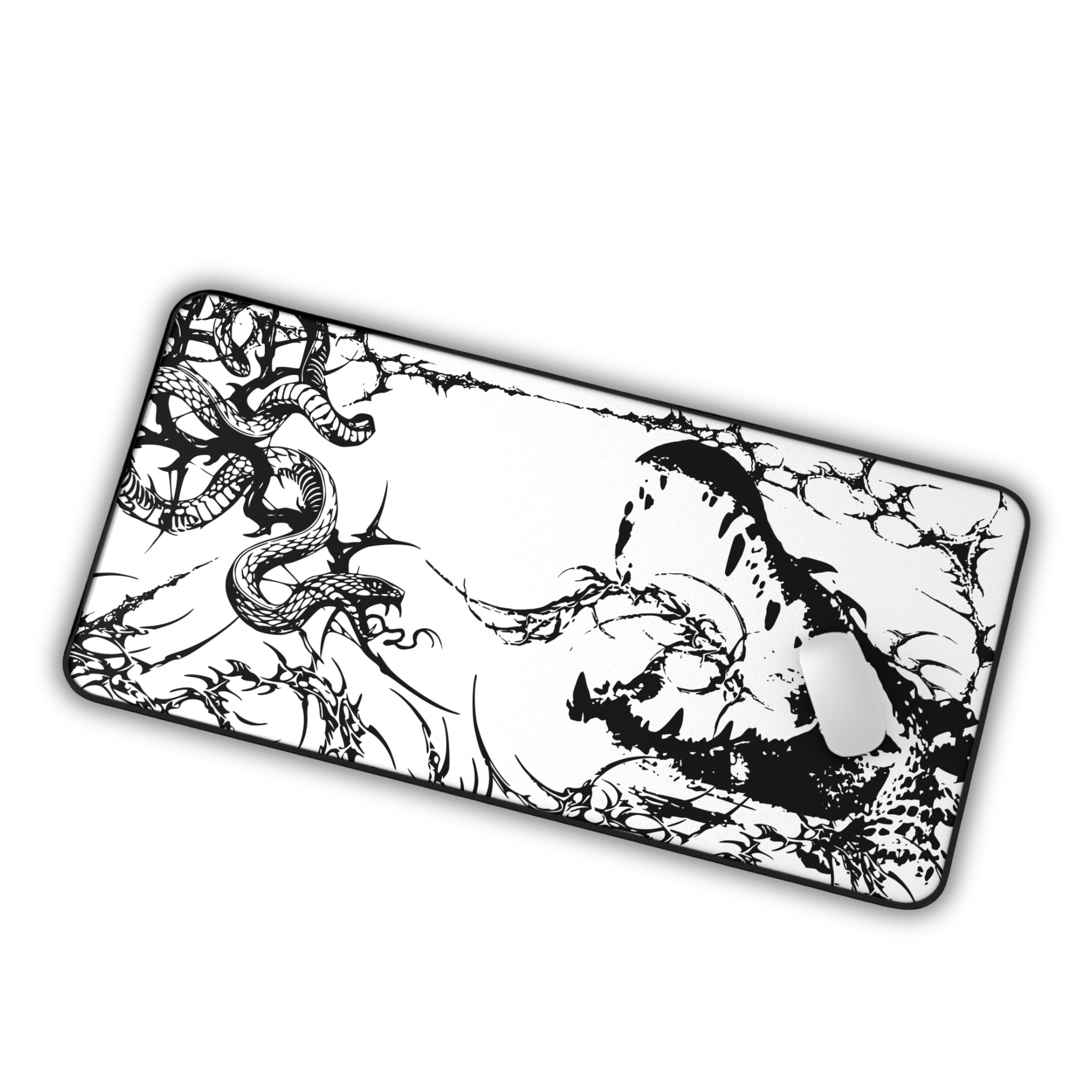 Crocodile and Snake – White Desk Mat – Monochrome Animal Mouse Pad
