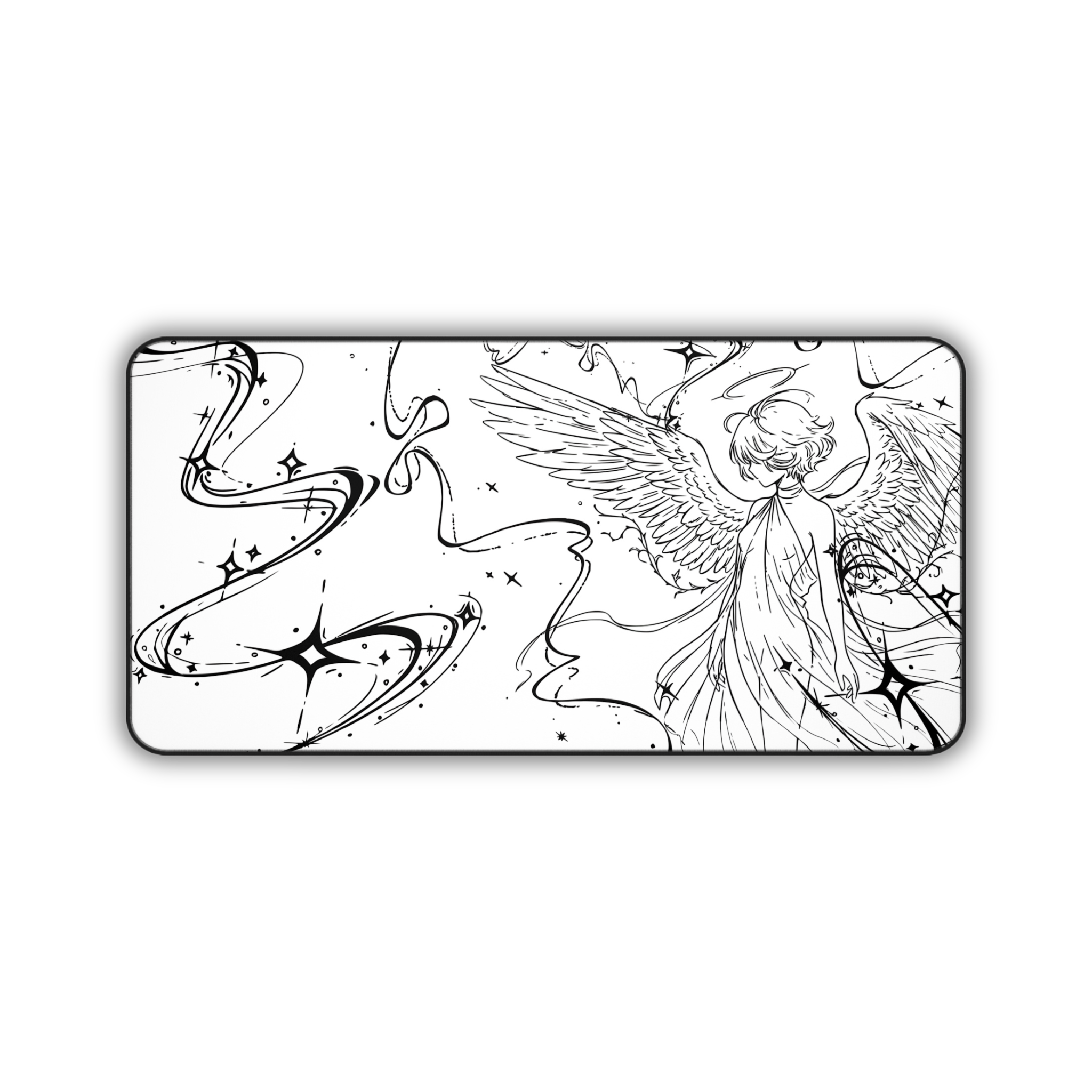 Angel Illustration – White Desk Mat – Winged Figure Line Art Mouse Pad