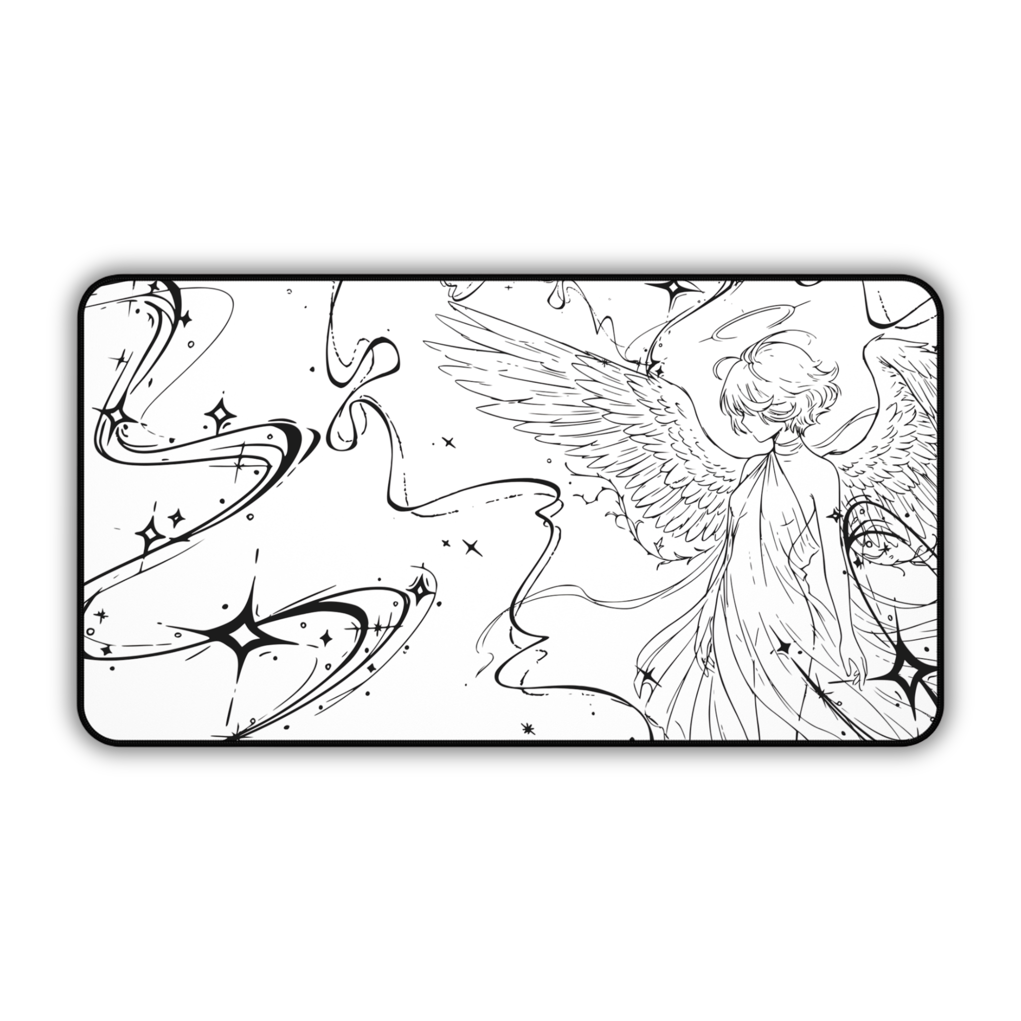 Angel Illustration – White Desk Mat – Winged Figure Line Art Mouse Pad