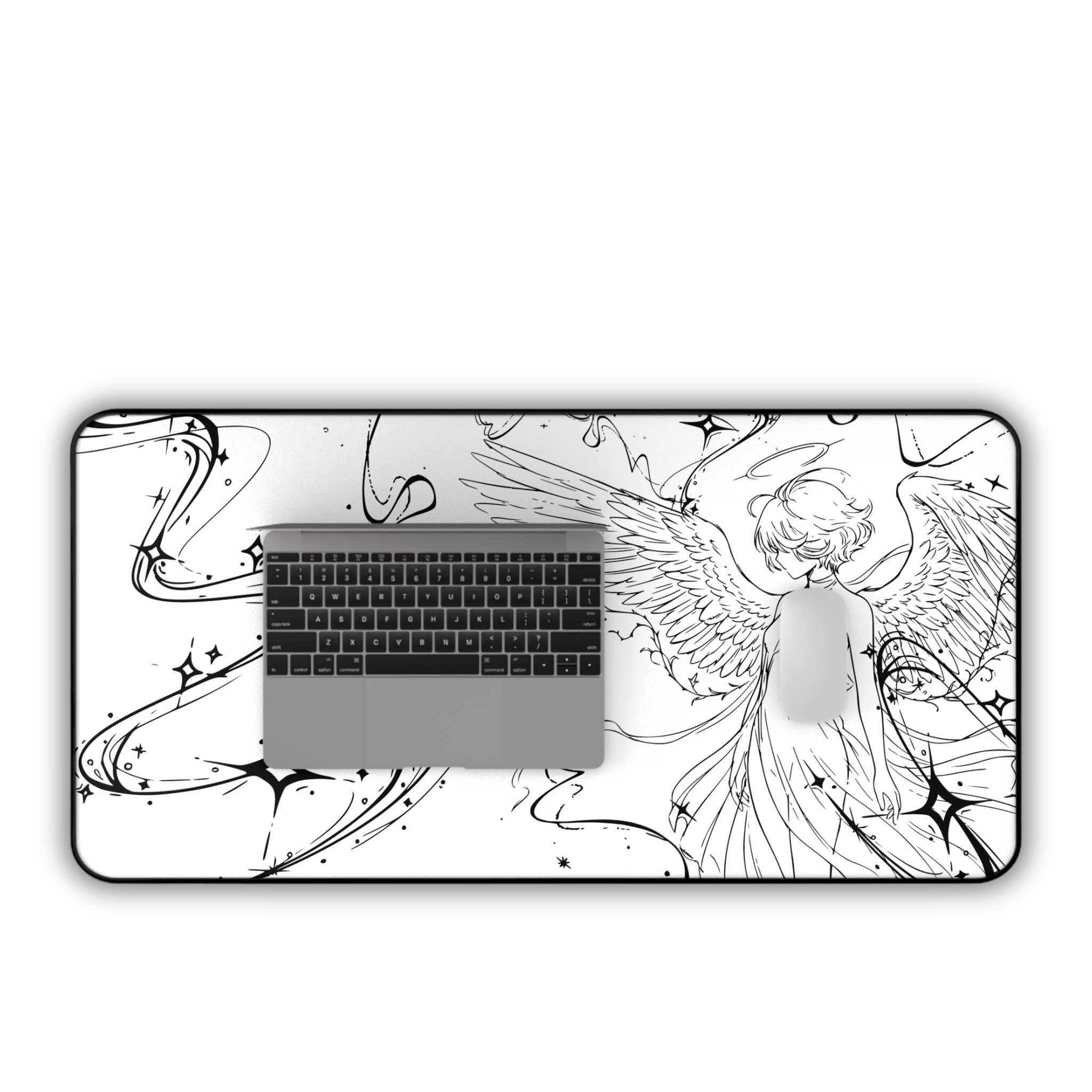 Angel Illustration – White Desk Mat – Winged Figure Line Art Mouse Pad