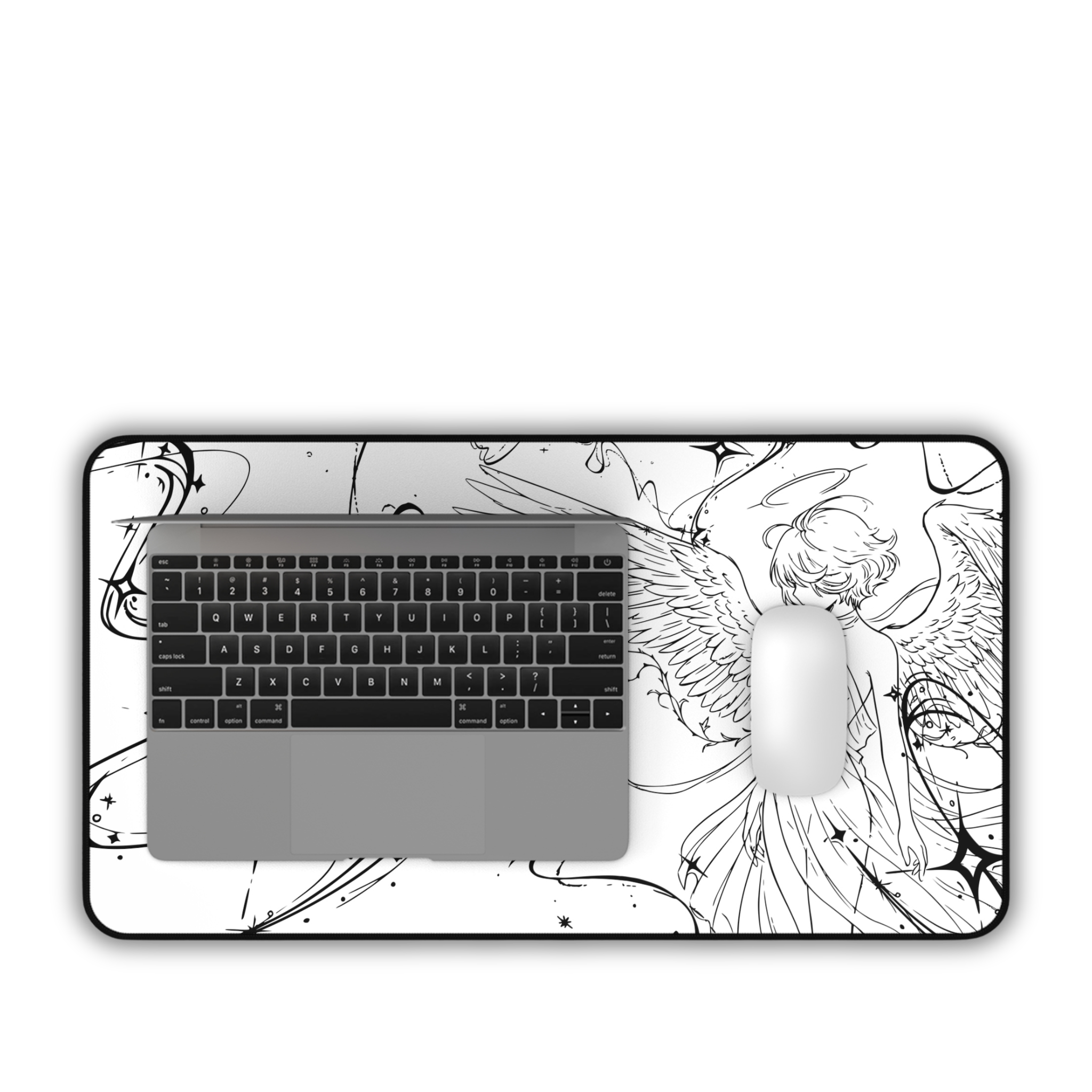Angel Illustration – White Desk Mat – Winged Figure Line Art Mouse Pad