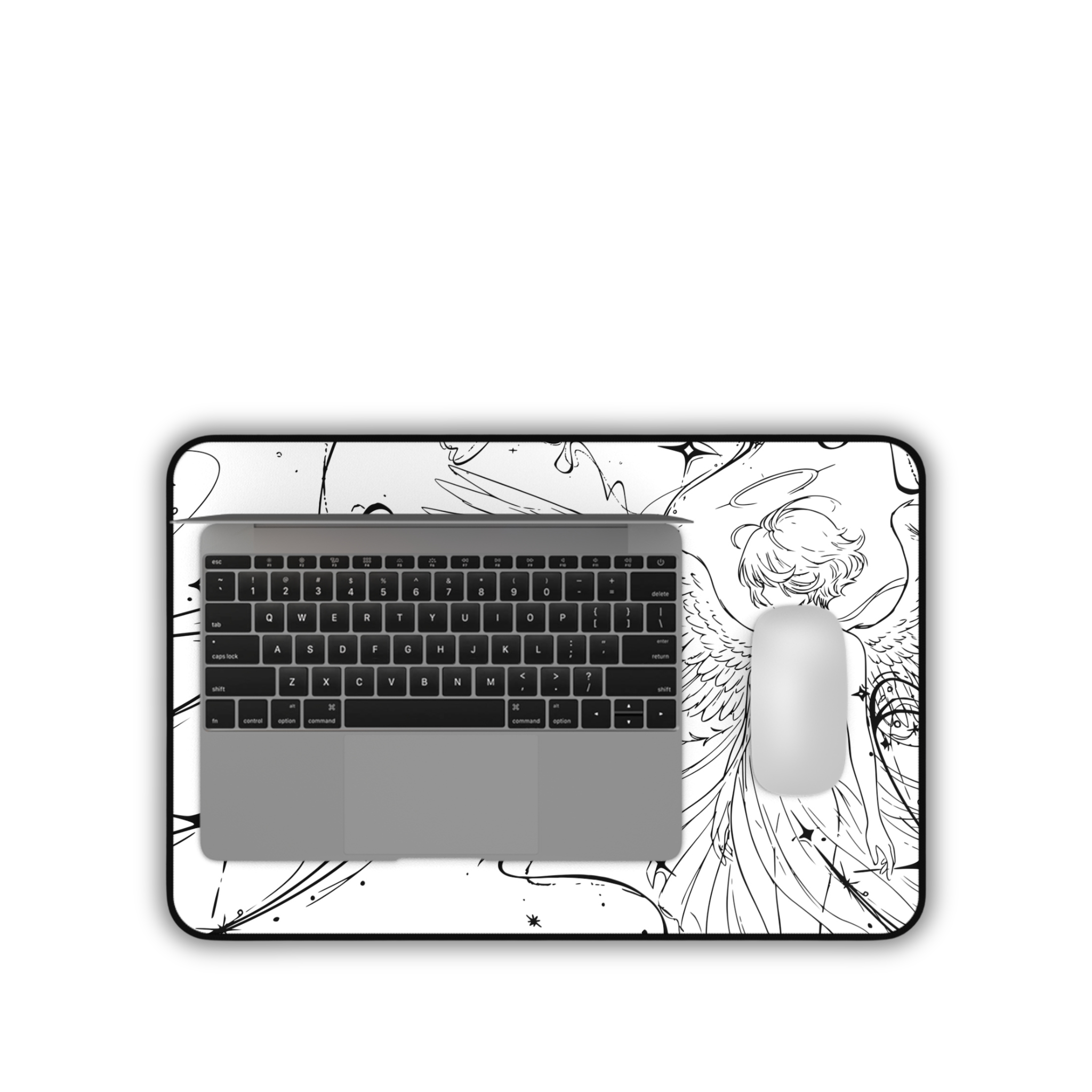 Angel Illustration – White Desk Mat – Winged Figure Line Art Mouse Pad