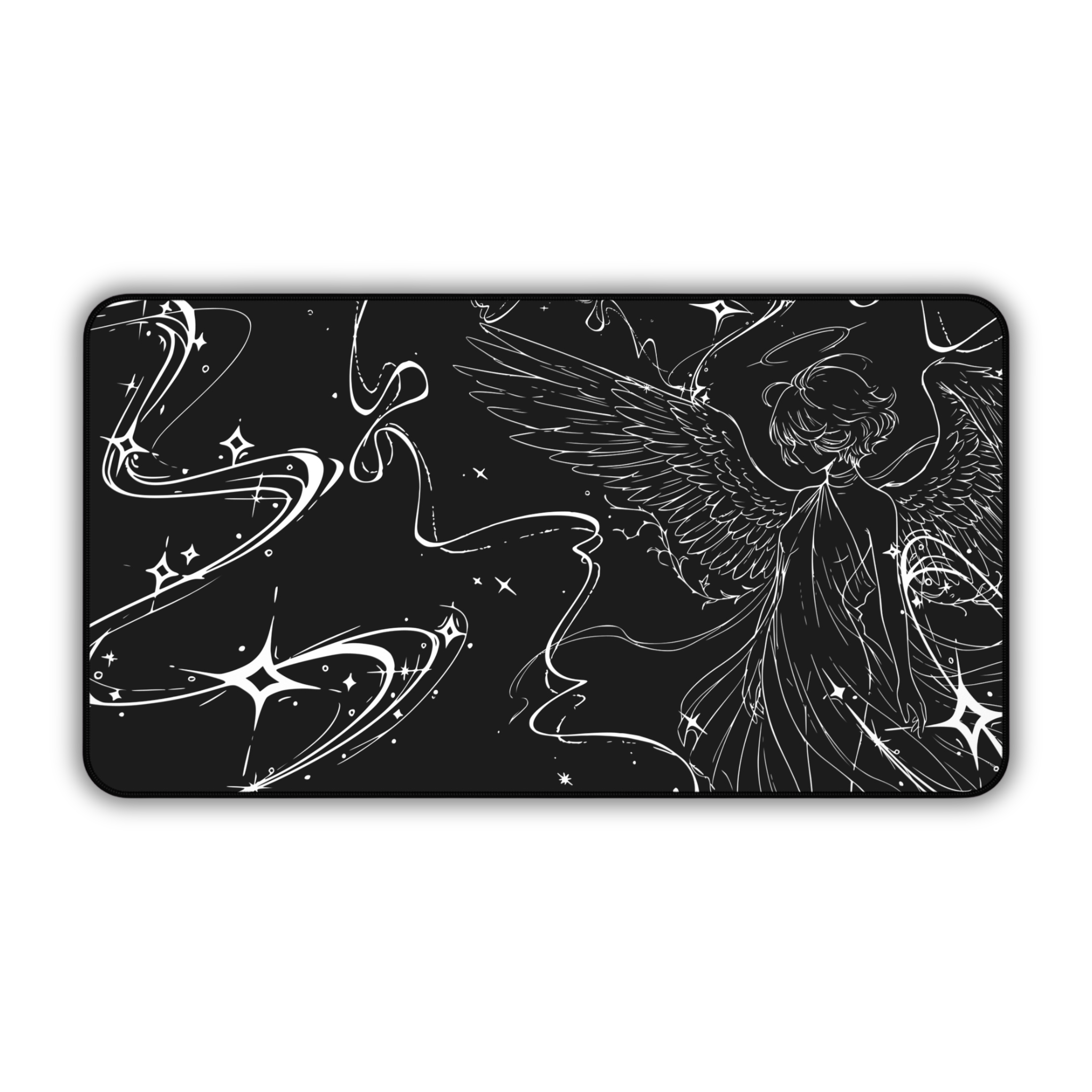 Celestial Angel Illustration – Black Desk Mat – Space Wings Mouse Pad
