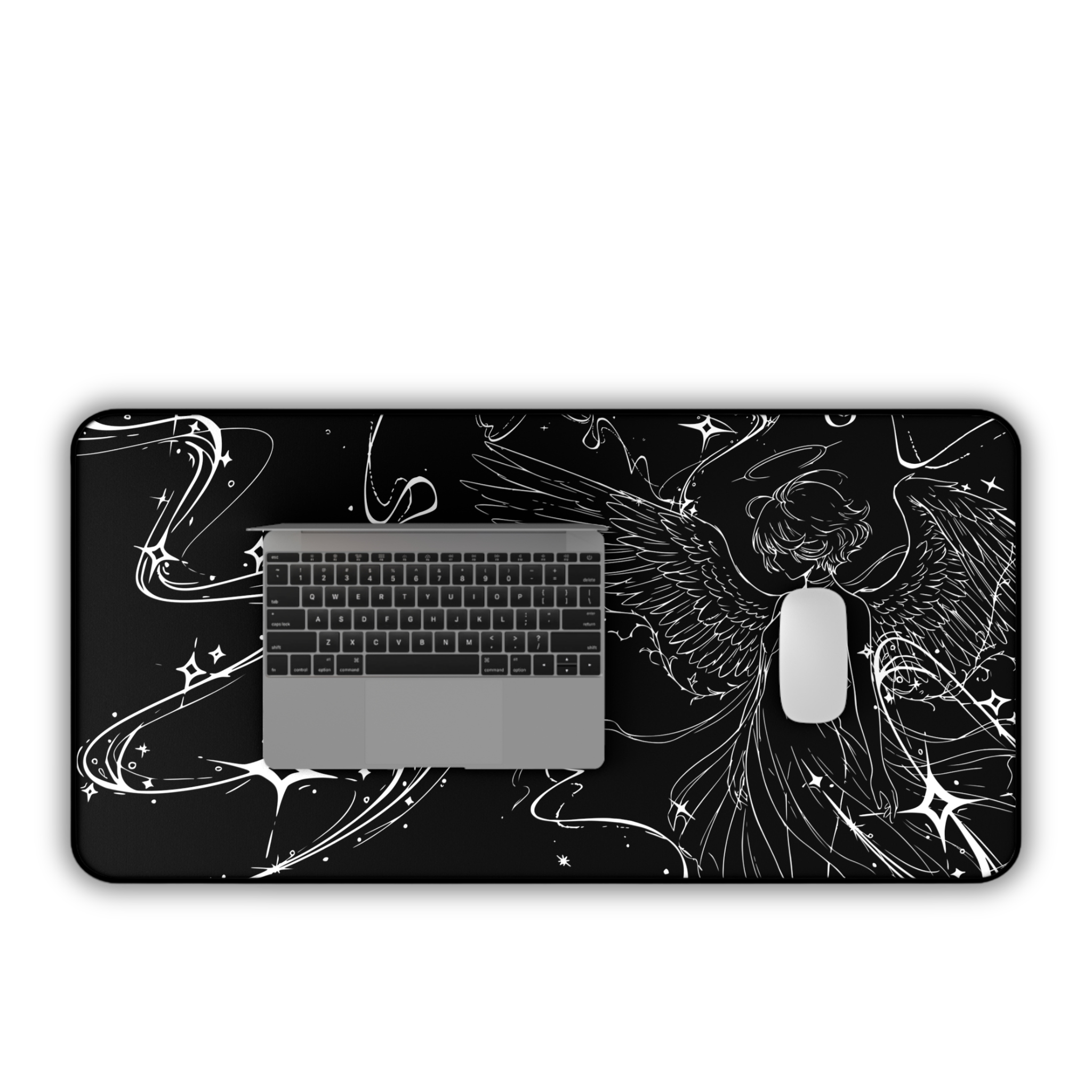 Celestial Angel Illustration – Black Desk Mat – Space Wings Mouse Pad