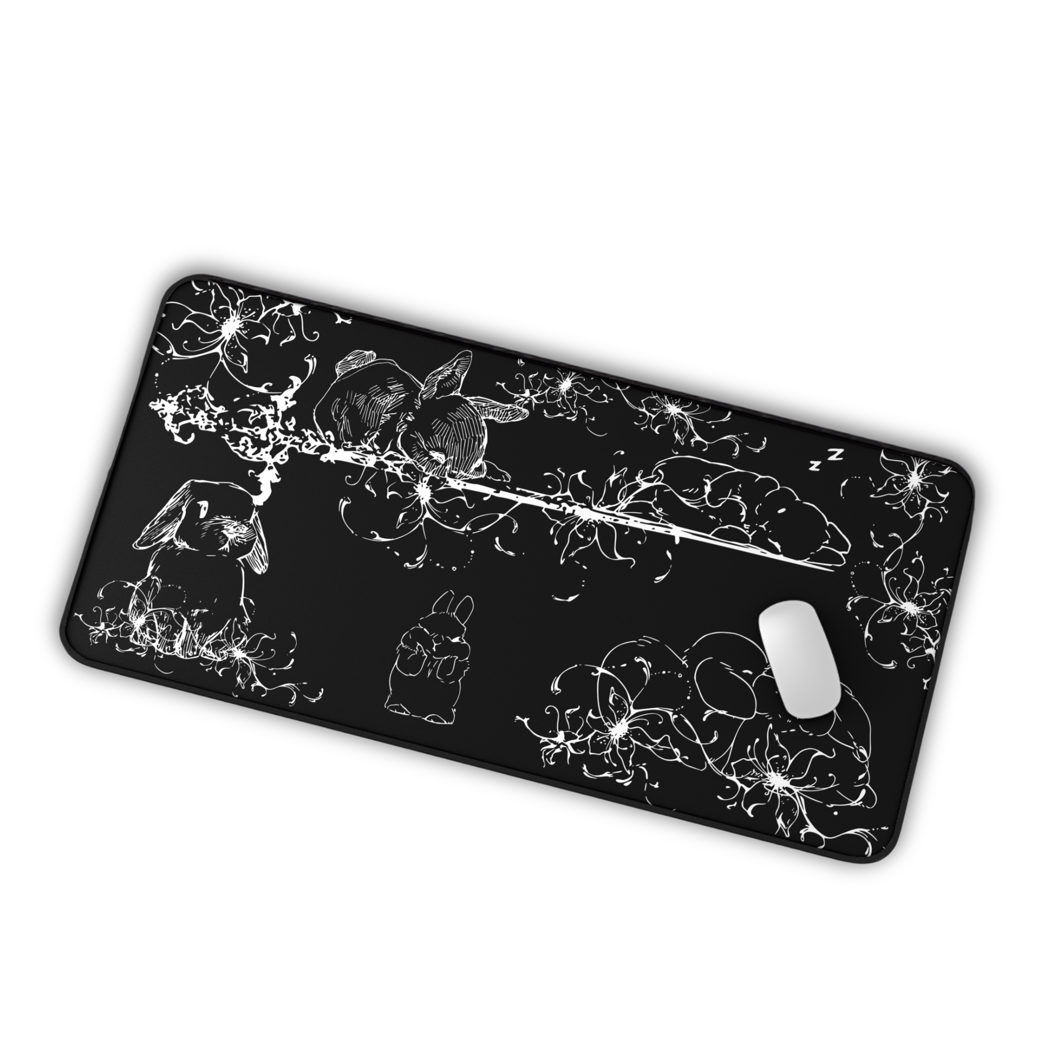 Sleeping Cute Bunnies – Black Desk Mat – Floral Rabbit Mouse Pad
