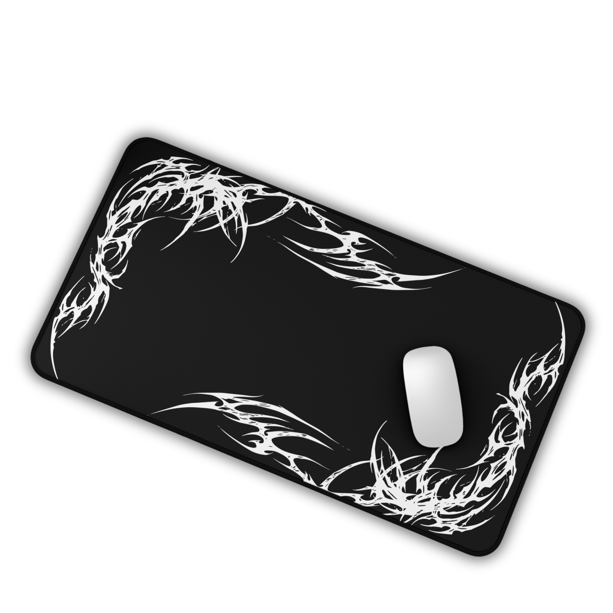 White Tribal Flame Corner – Black Desk Mat – Minimal Tribal Mouse Pad