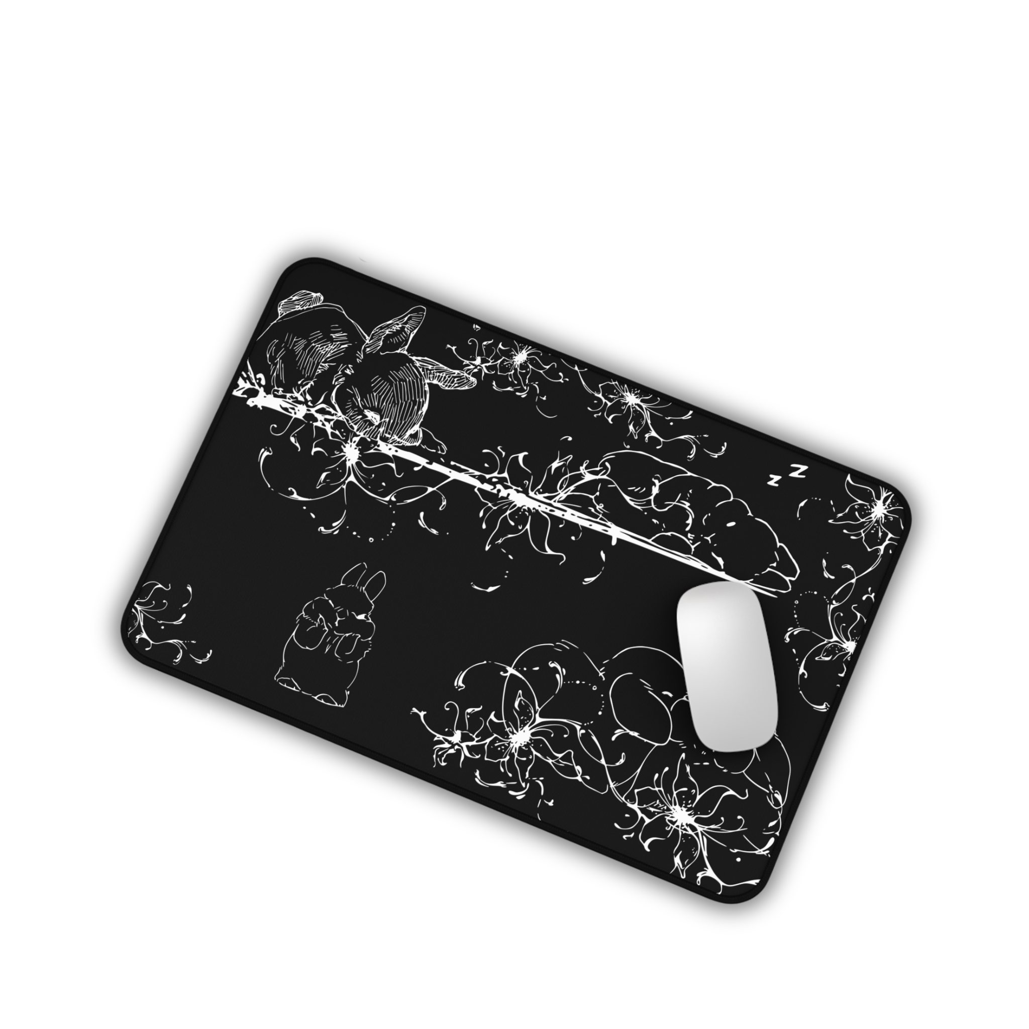 Sleeping Cute Bunnies – Black Desk Mat – Floral Rabbit Mouse Pad