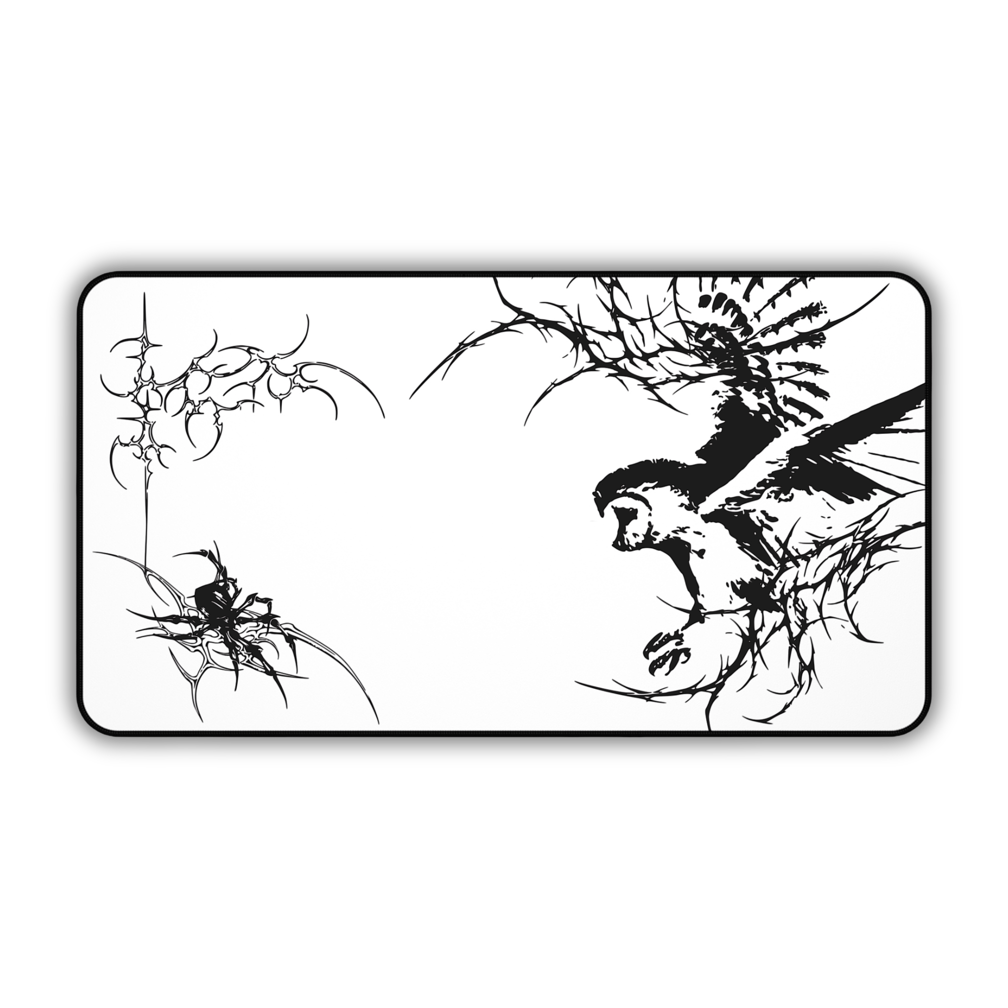 Owl Flight Cyber Sigil – White Desk Mat – Monochrome Owl Mouse Pad