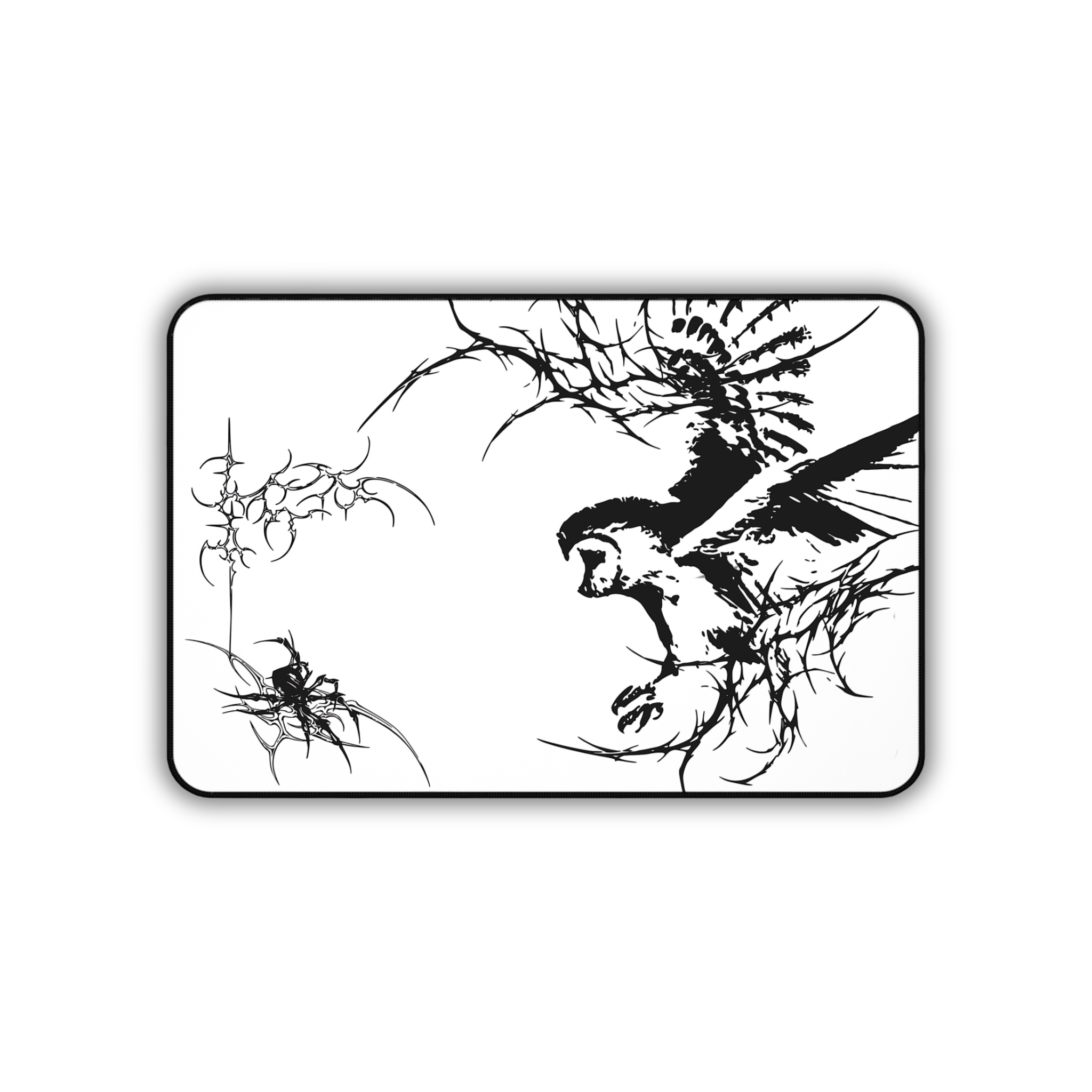 Owl Flight Cyber Sigil – White Desk Mat – Monochrome Owl Mouse Pad