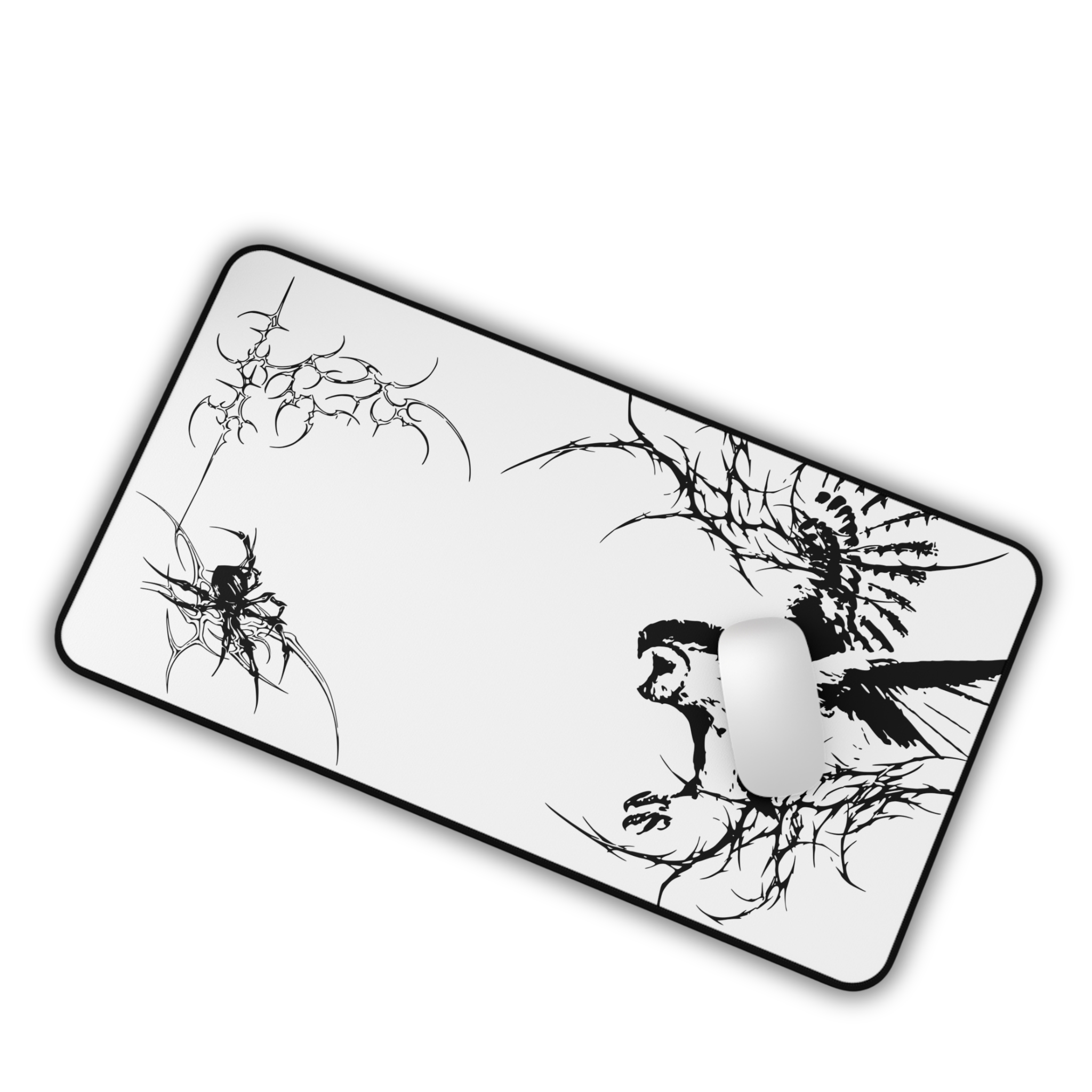 Owl Flight Cyber Sigil – White Desk Mat – Monochrome Owl Mouse Pad