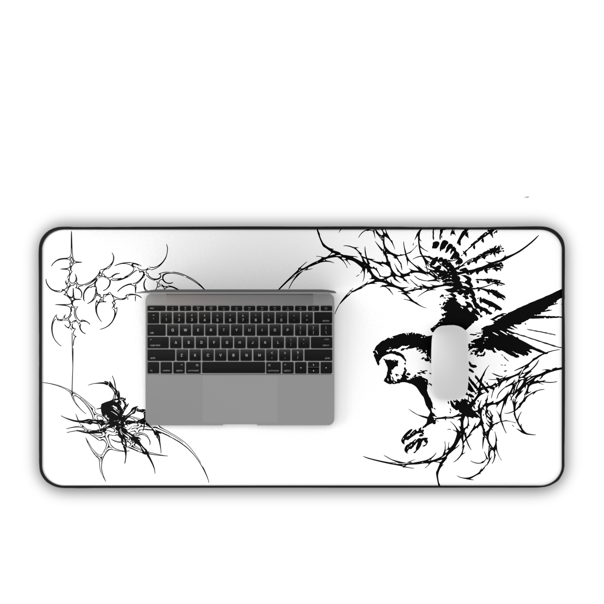 Owl Flight Cyber Sigil – White Desk Mat – Monochrome Owl Mouse Pad
