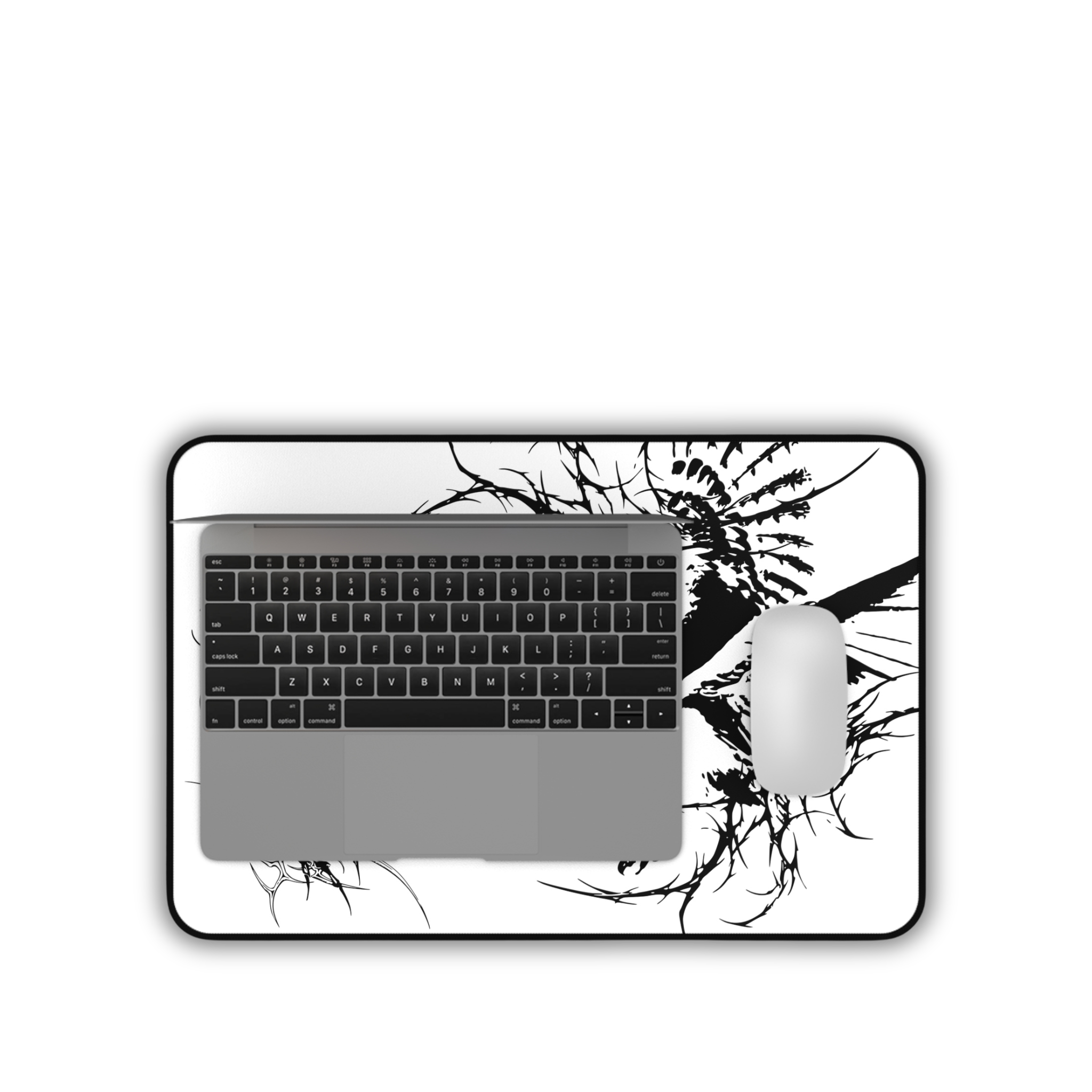 Owl Flight Cyber Sigil – White Desk Mat – Monochrome Owl Mouse Pad