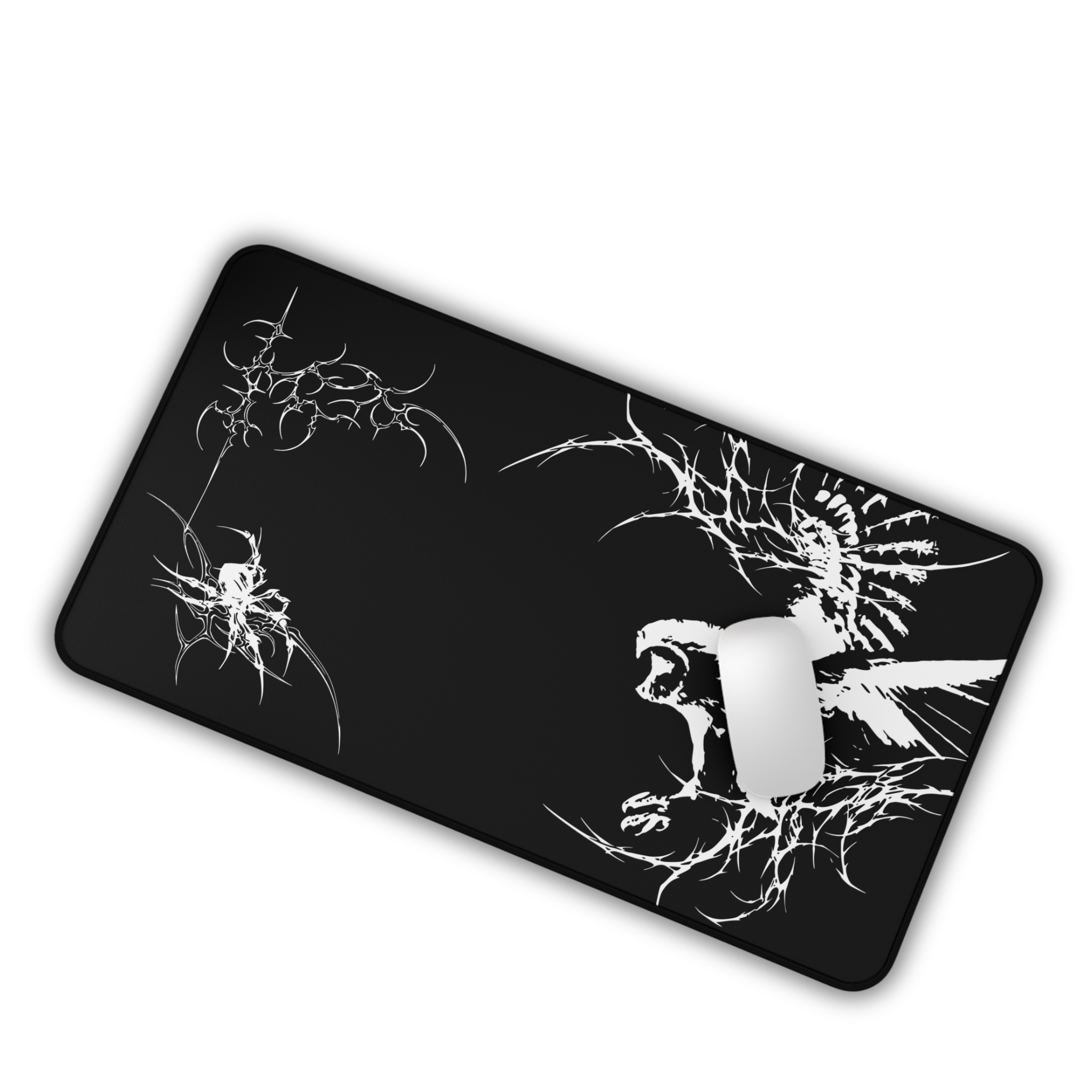 White Owl Cyber Sigil – Black Desk Mat – Gothic Owl Mouse Pad