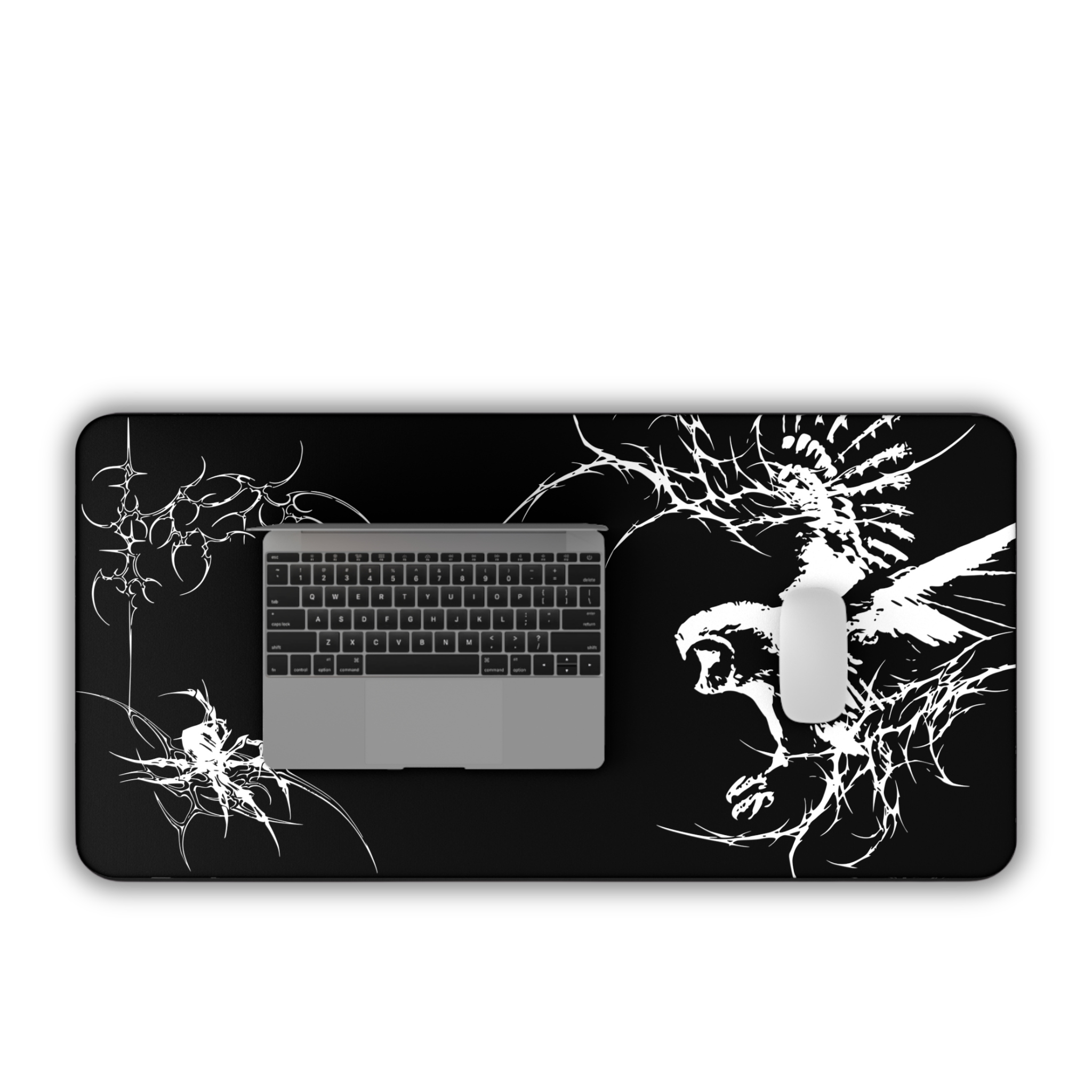White Owl Cyber Sigil – Black Desk Mat – Gothic Owl Mouse Pad
