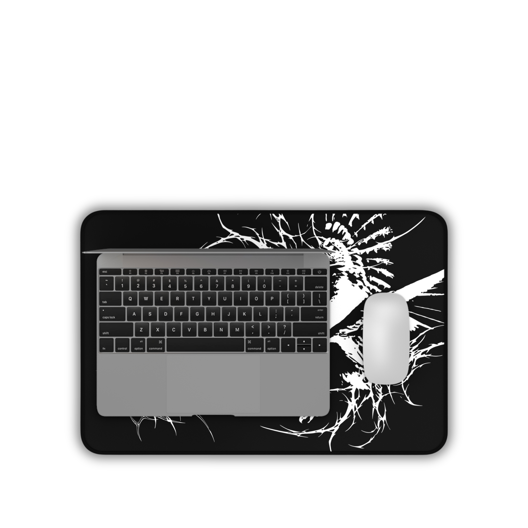 White Owl Cyber Sigil – Black Desk Mat – Gothic Owl Mouse Pad