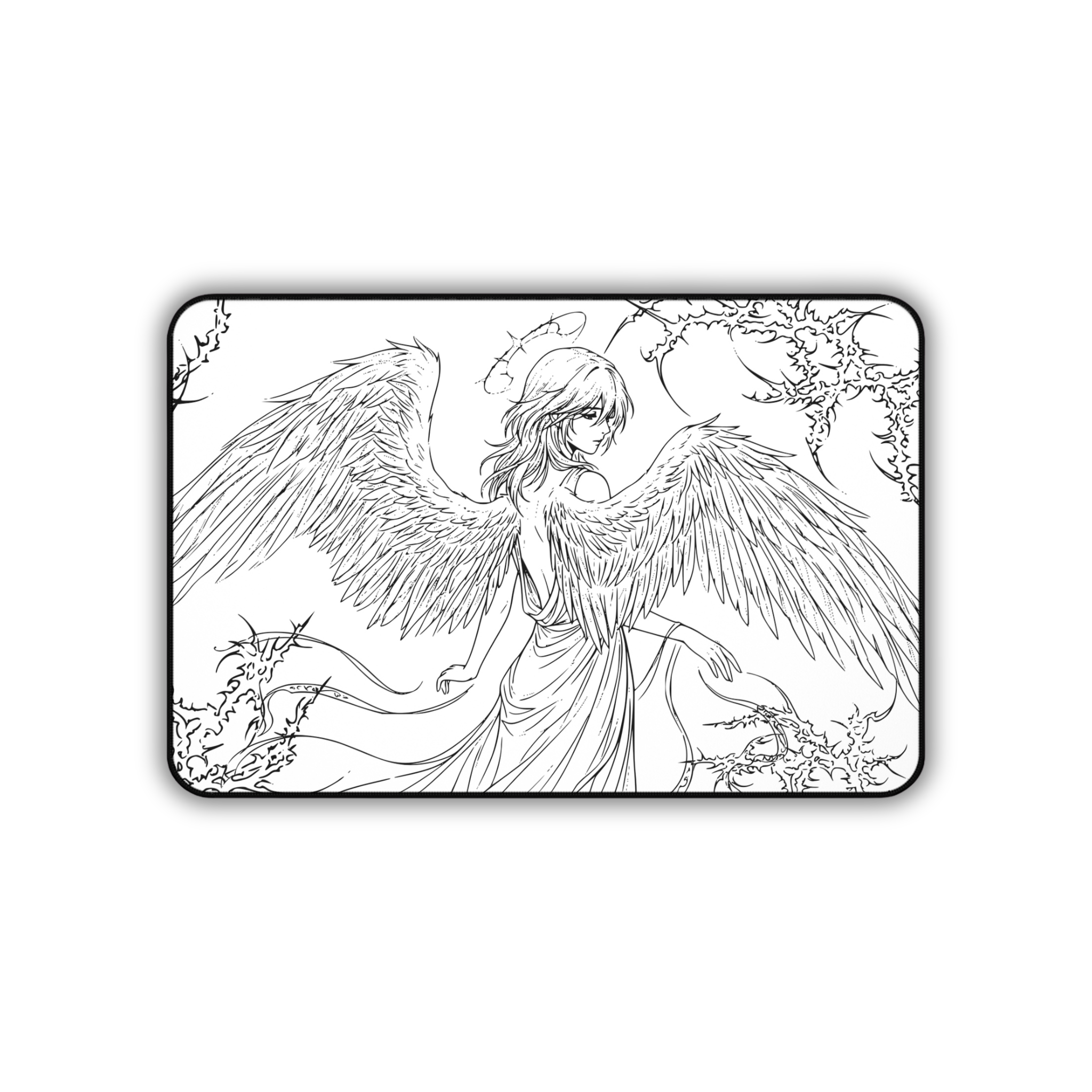 Angel Wings – White Desk Mat – Line Art Angel Mouse Pad