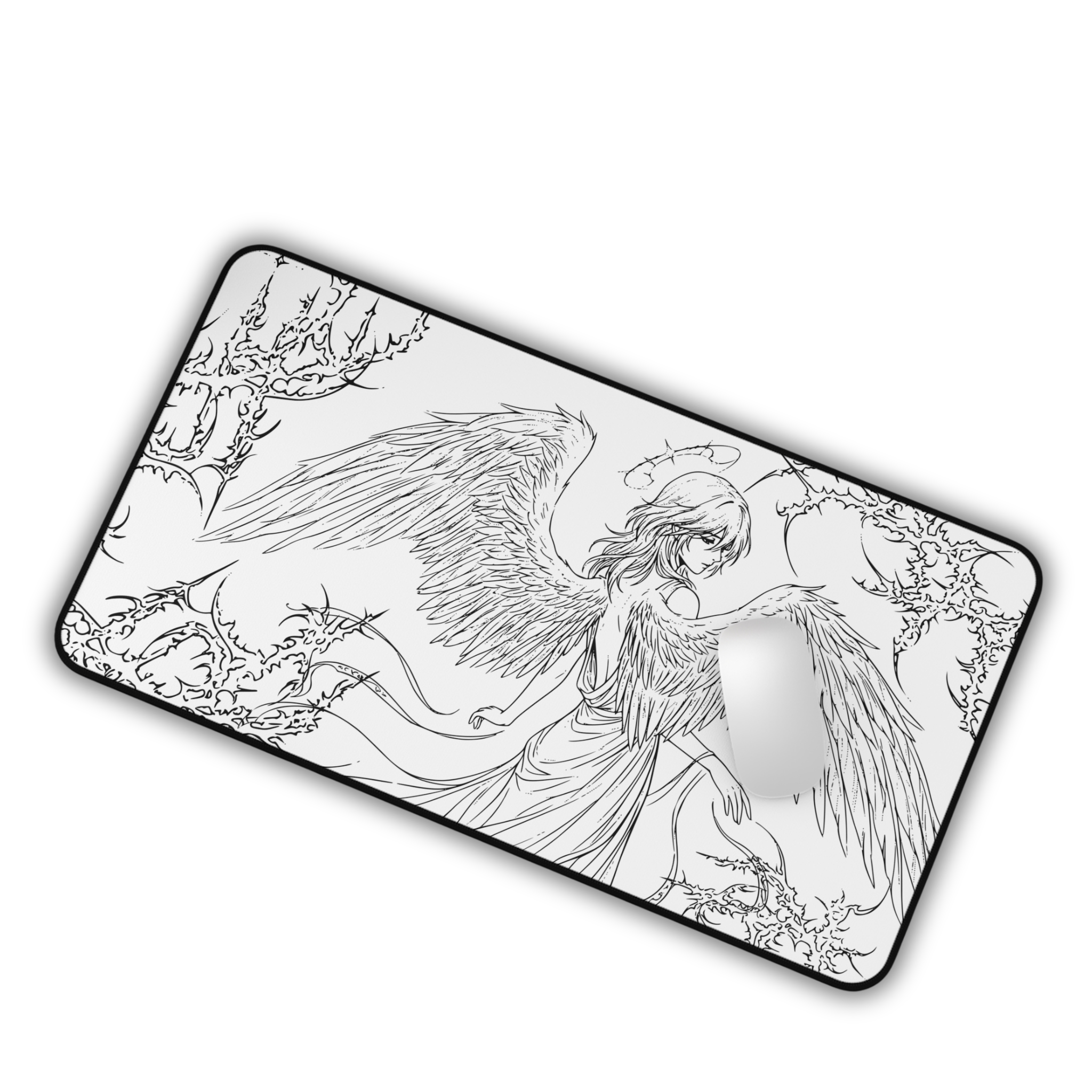 Angel Wings – White Desk Mat – Line Art Angel Mouse Pad