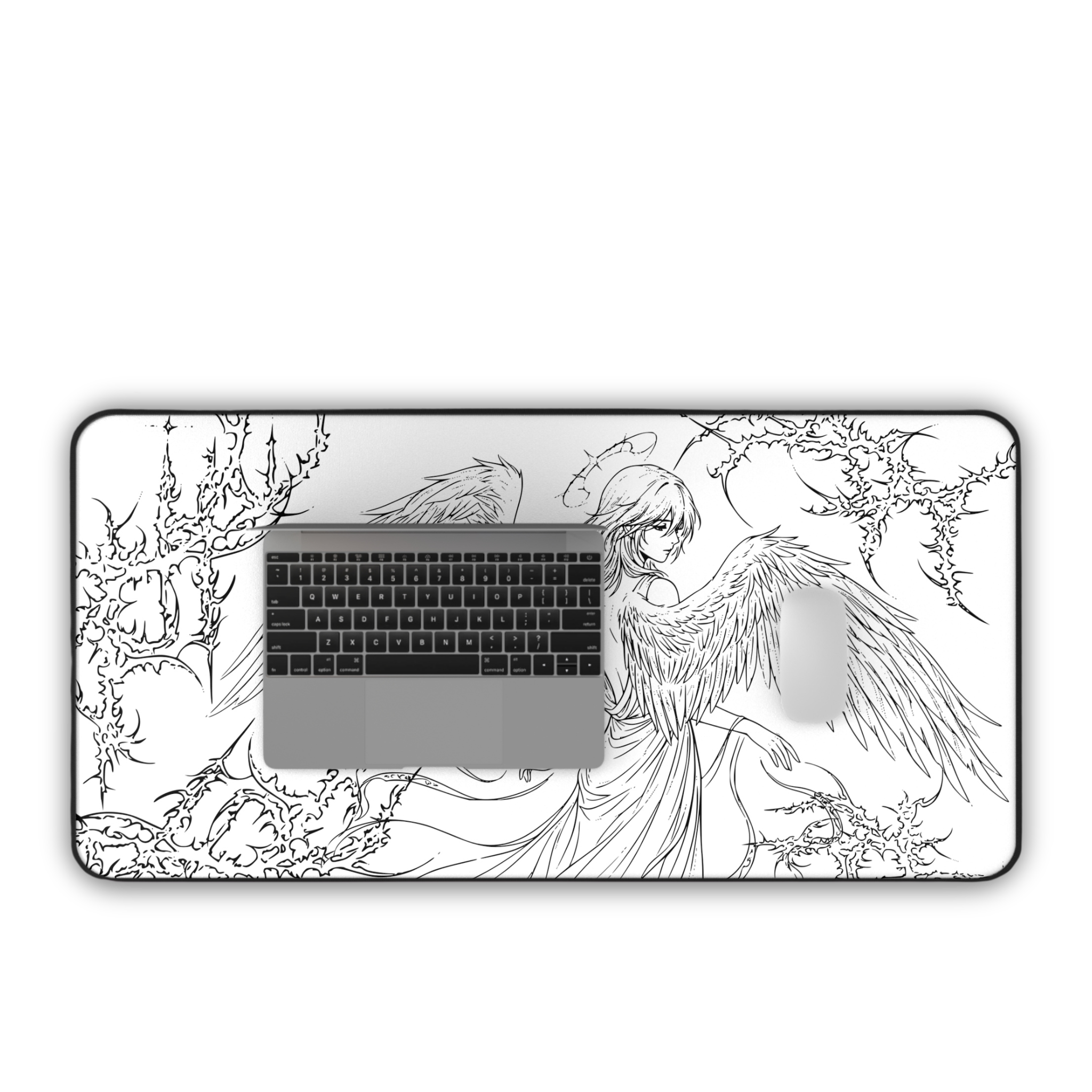 Angel Wings – White Desk Mat – Line Art Angel Mouse Pad