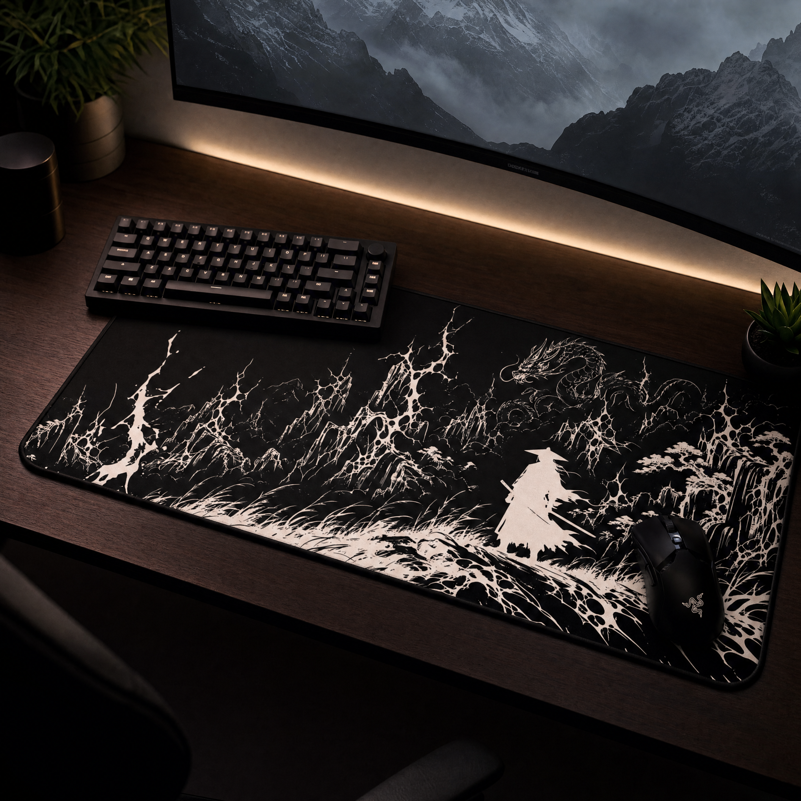 Samurai Silhouette with Dragon – Black Desk Mat – Japanese Warrior Mouse Pad