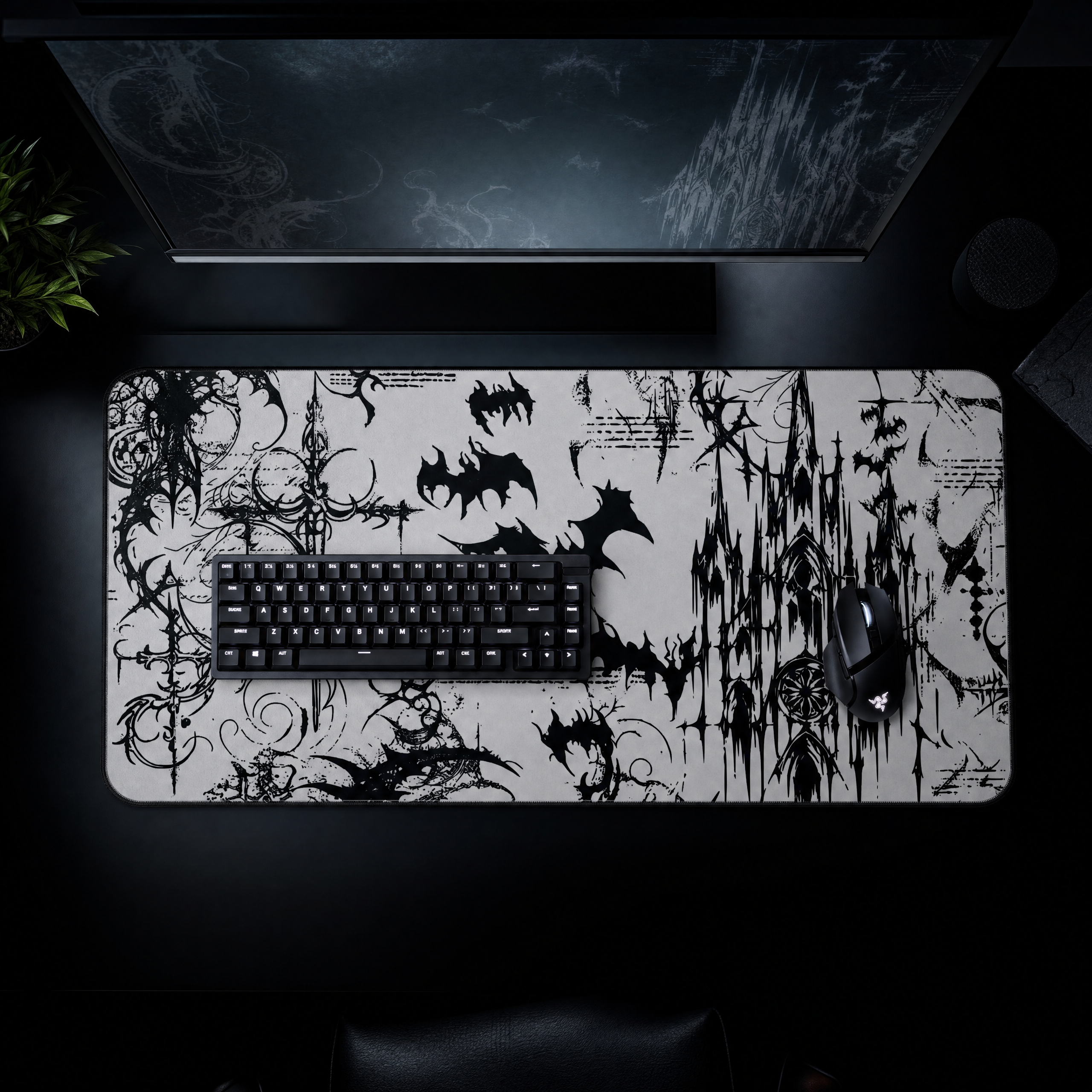 Gothic Castle with Bats – White Desk Mat – Vampire Aesthetic Mouse Pad