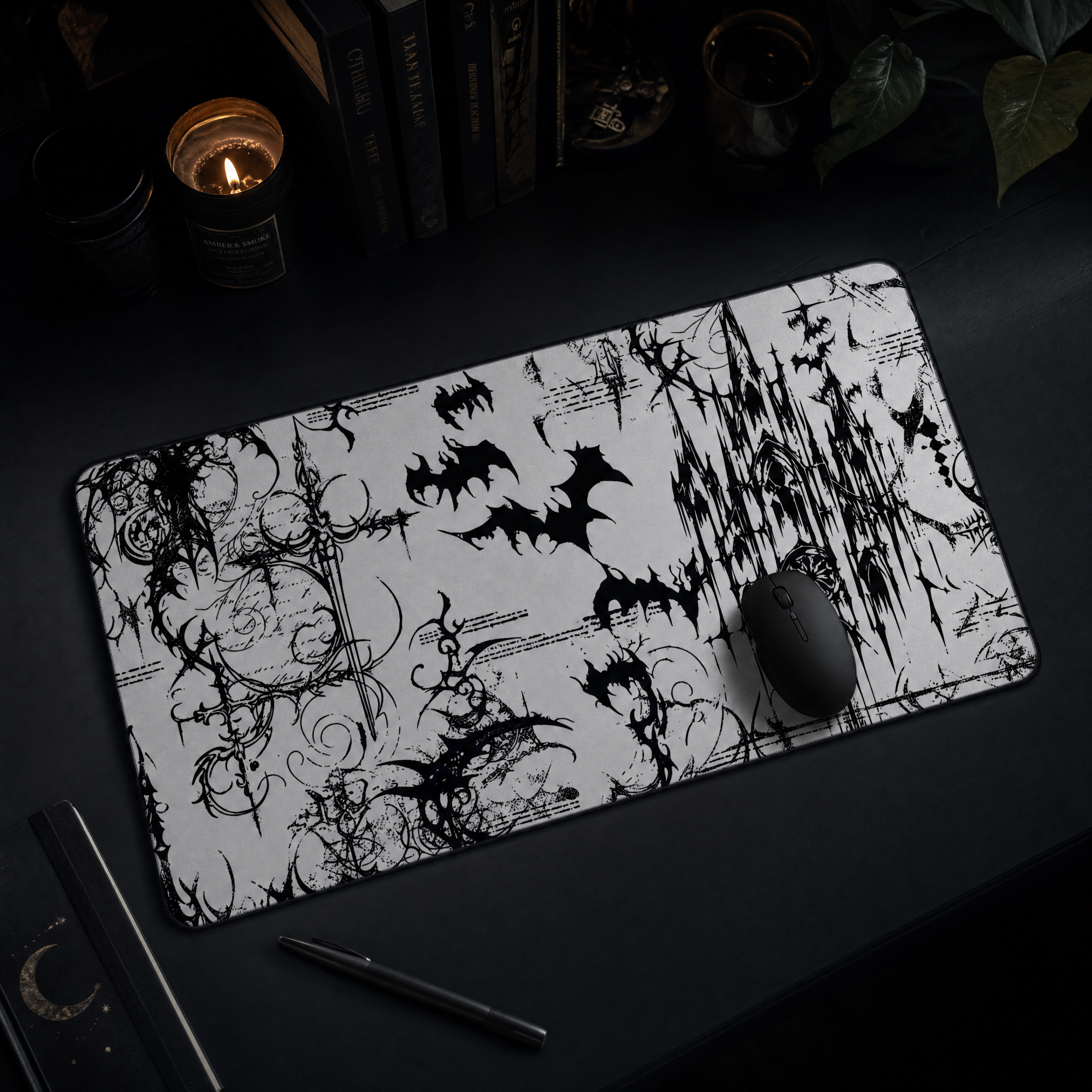 Gothic Castle with Bats – White Desk Mat – Vampire Aesthetic Mouse Pad
