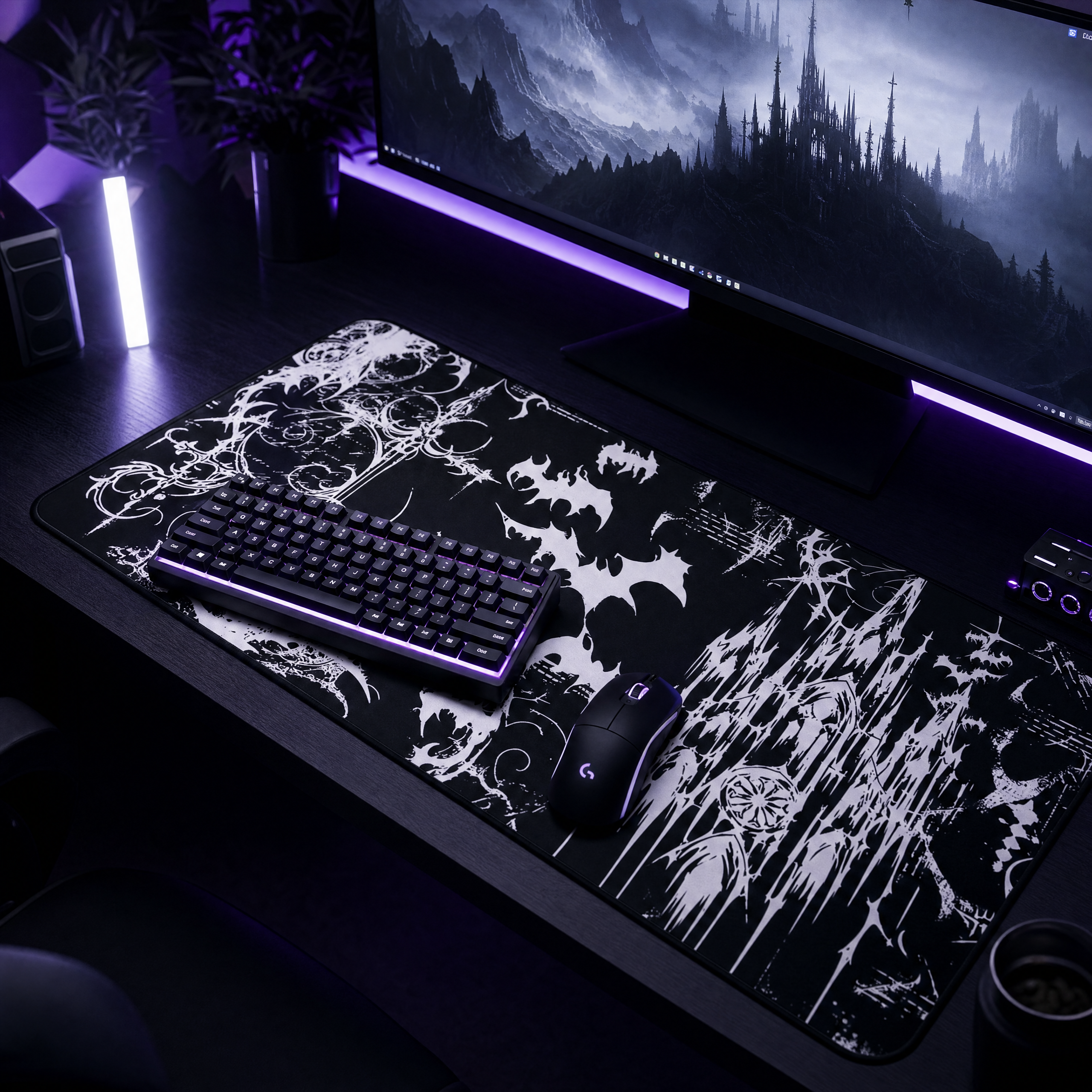 Gothic Castle and Bats – Black Desk Mat – Gothic Fantasy Mouse Pad