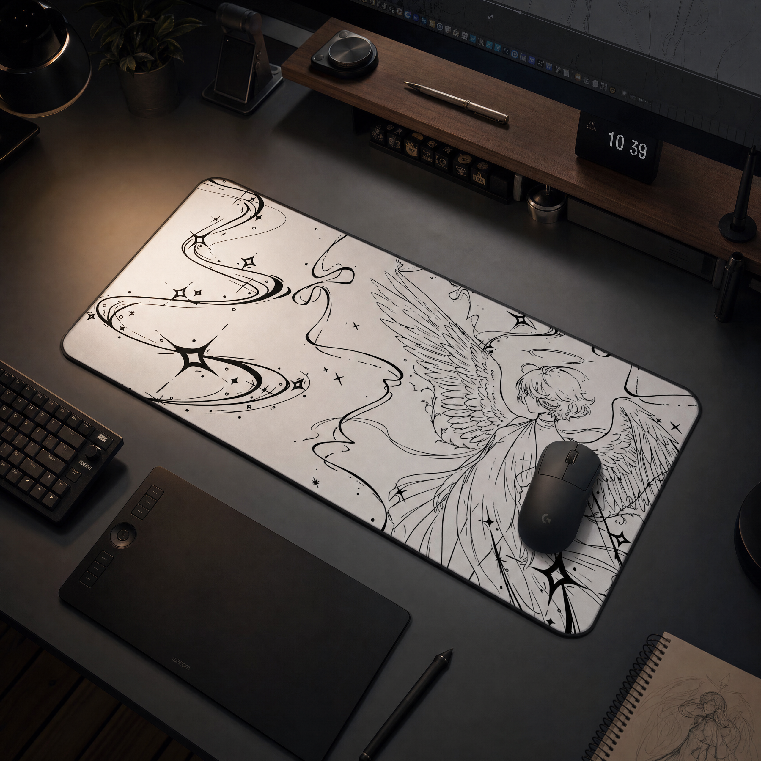 Angel Illustration – White Desk Mat – Winged Figure Line Art Mouse Pad