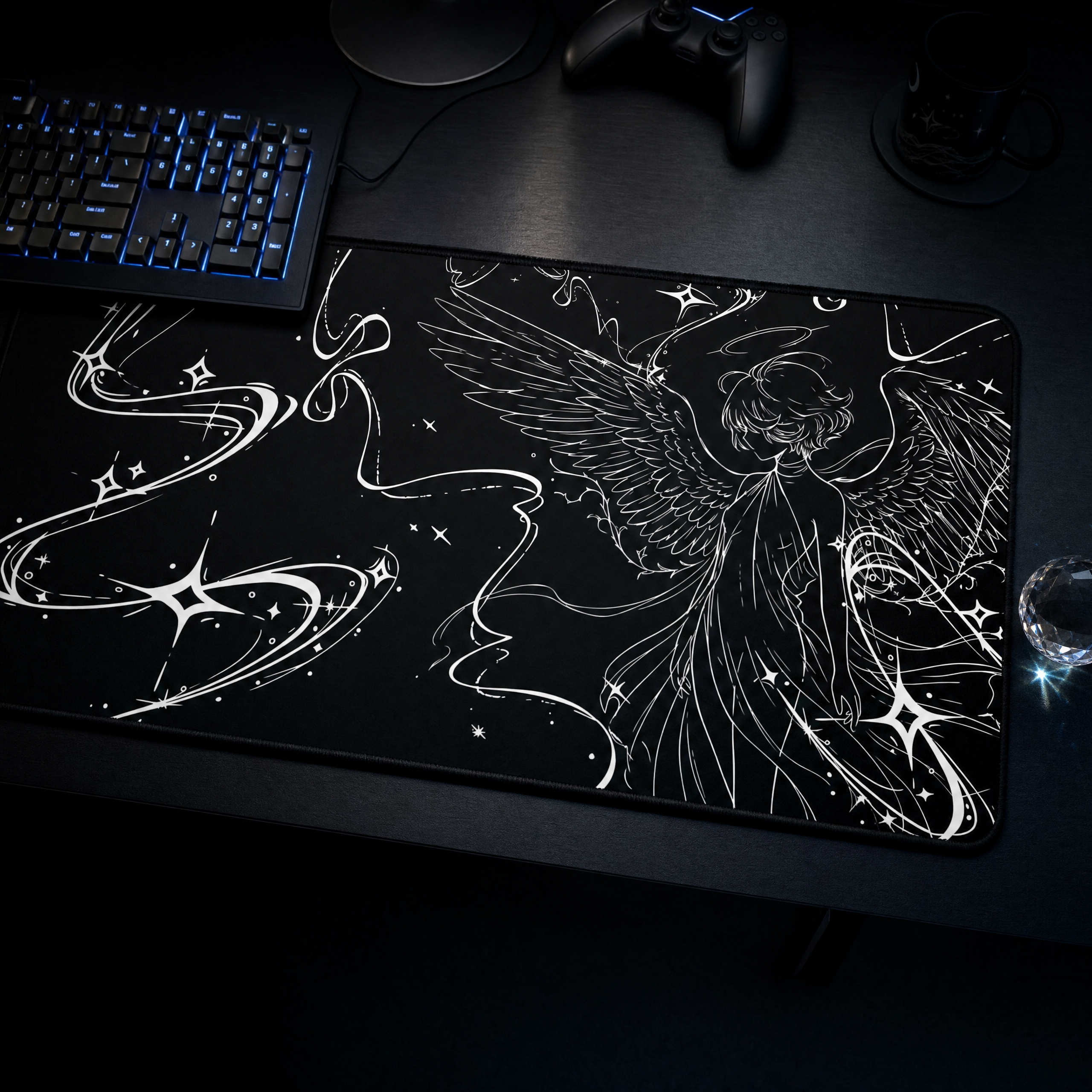 Celestial Angel Illustration – Black Desk Mat – Space Wings Mouse Pad