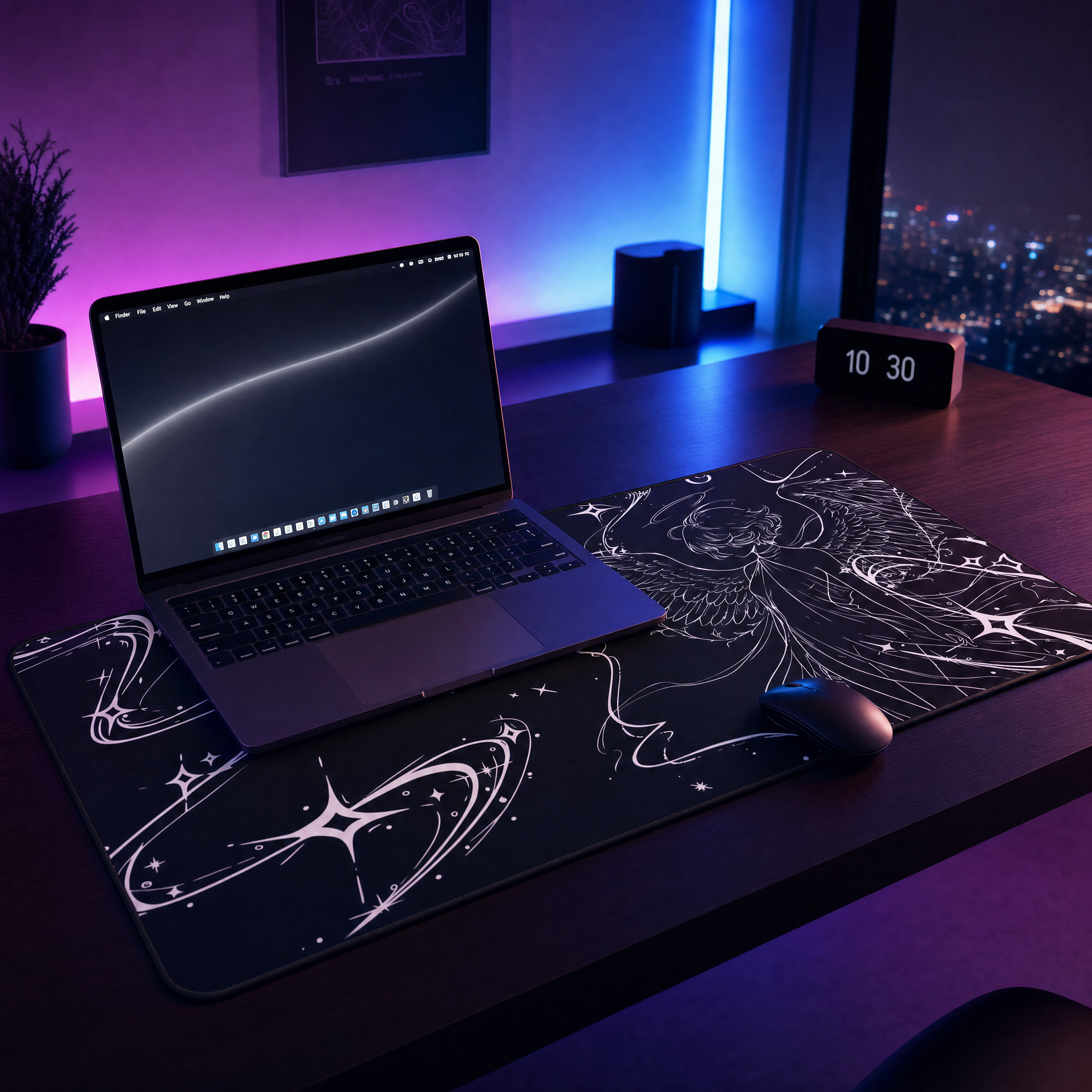 Celestial Angel Illustration – Black Desk Mat – Space Wings Mouse Pad