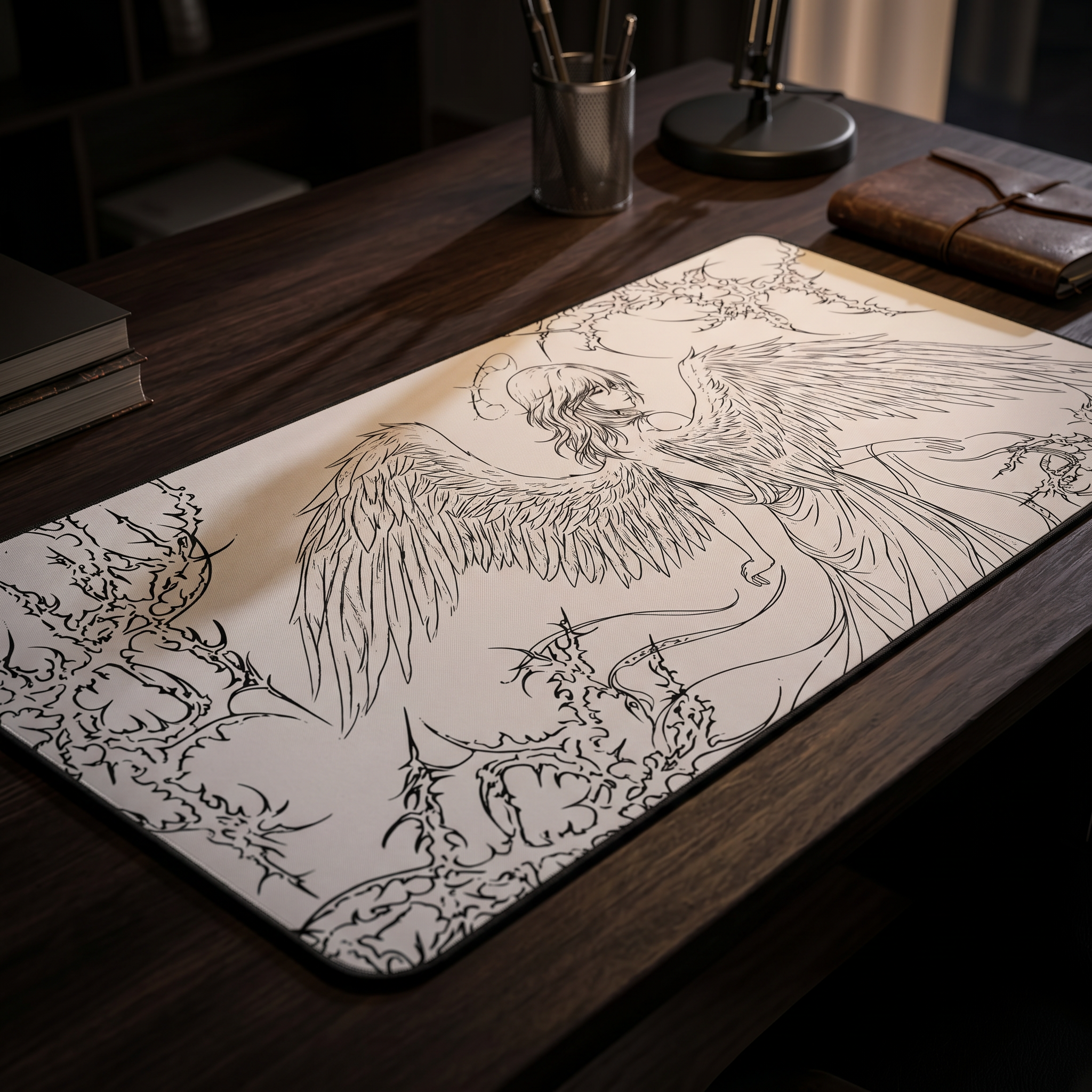 Angel Wings – White Desk Mat – Line Art Angel Mouse Pad