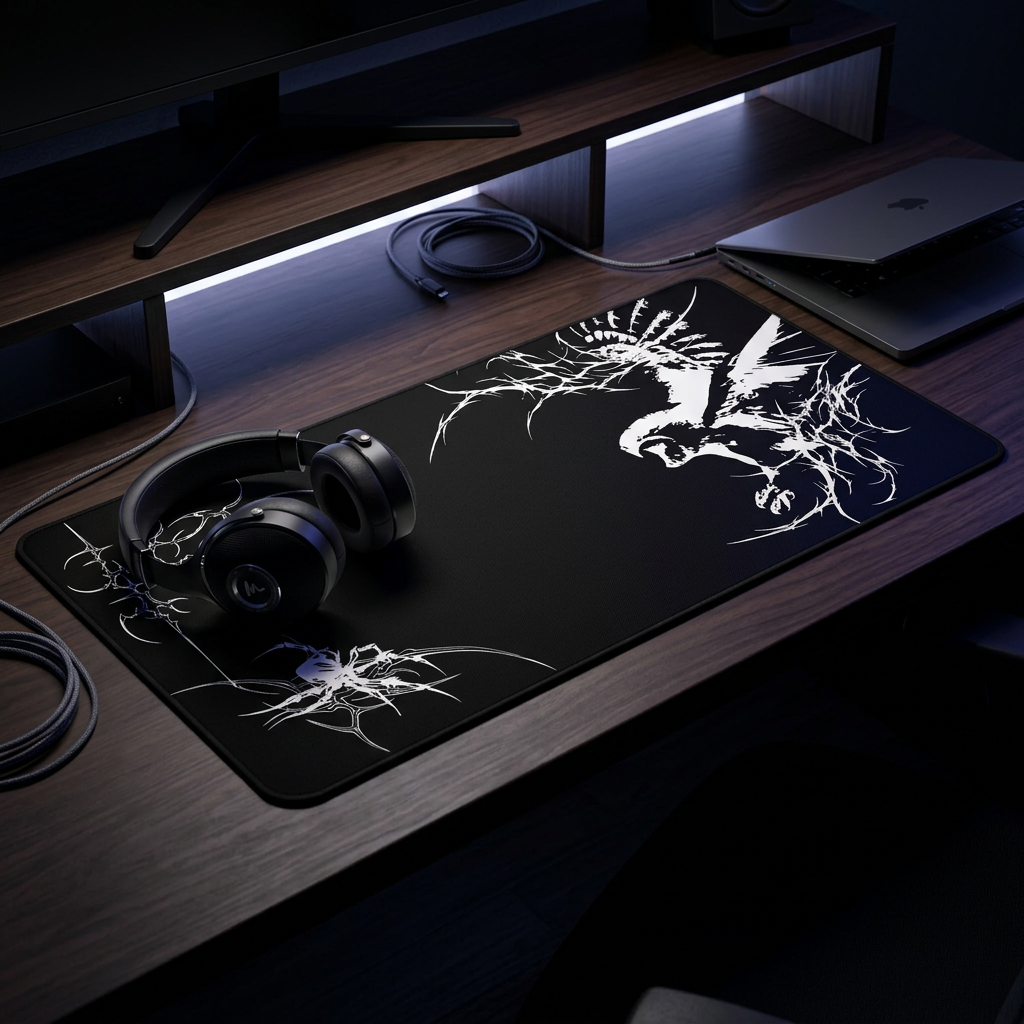 White Owl Cyber Sigil – Black Desk Mat – Gothic Owl Mouse Pad