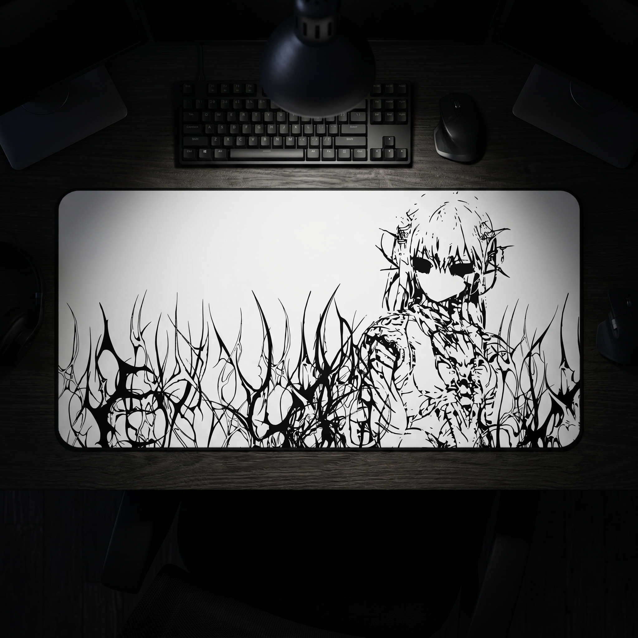 Engulfed – White Desk Mat – Gothic Cyber Sigil Mouse Pad