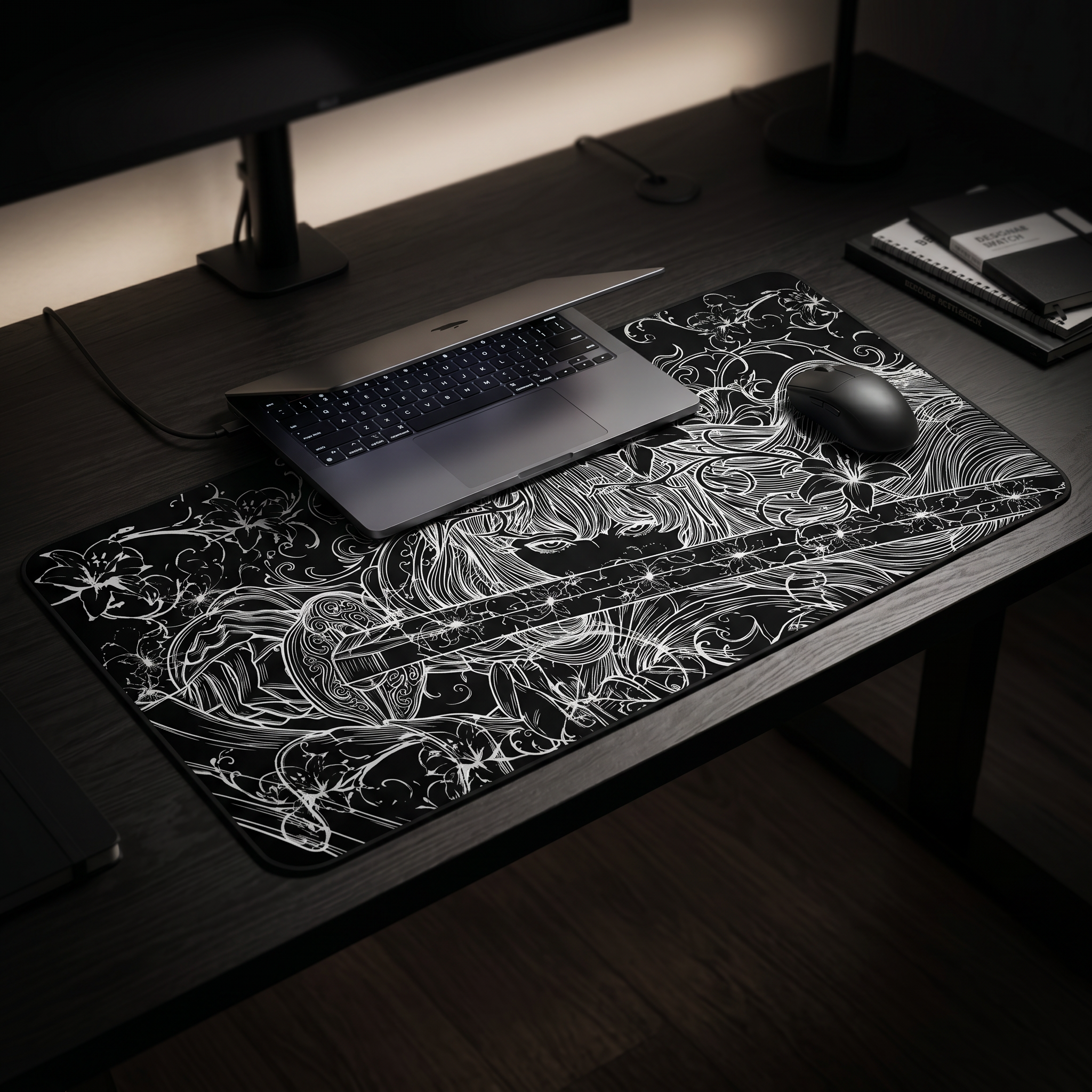 Samurai Girl – Black Desk Mat – Monochrome Sword Mouse Pad