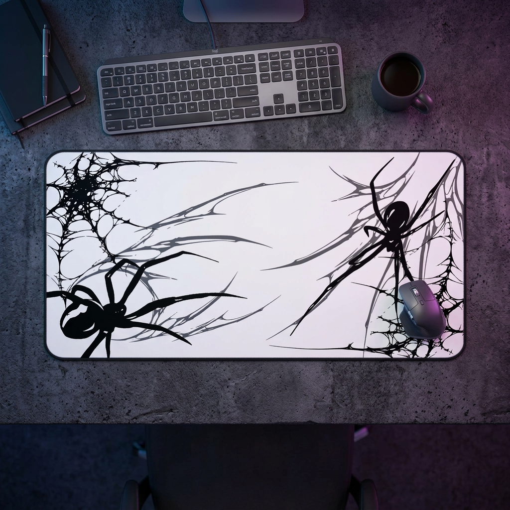 Black Spider Web – White Desk Mat – Minimal Gothic Spider Mouse Pad