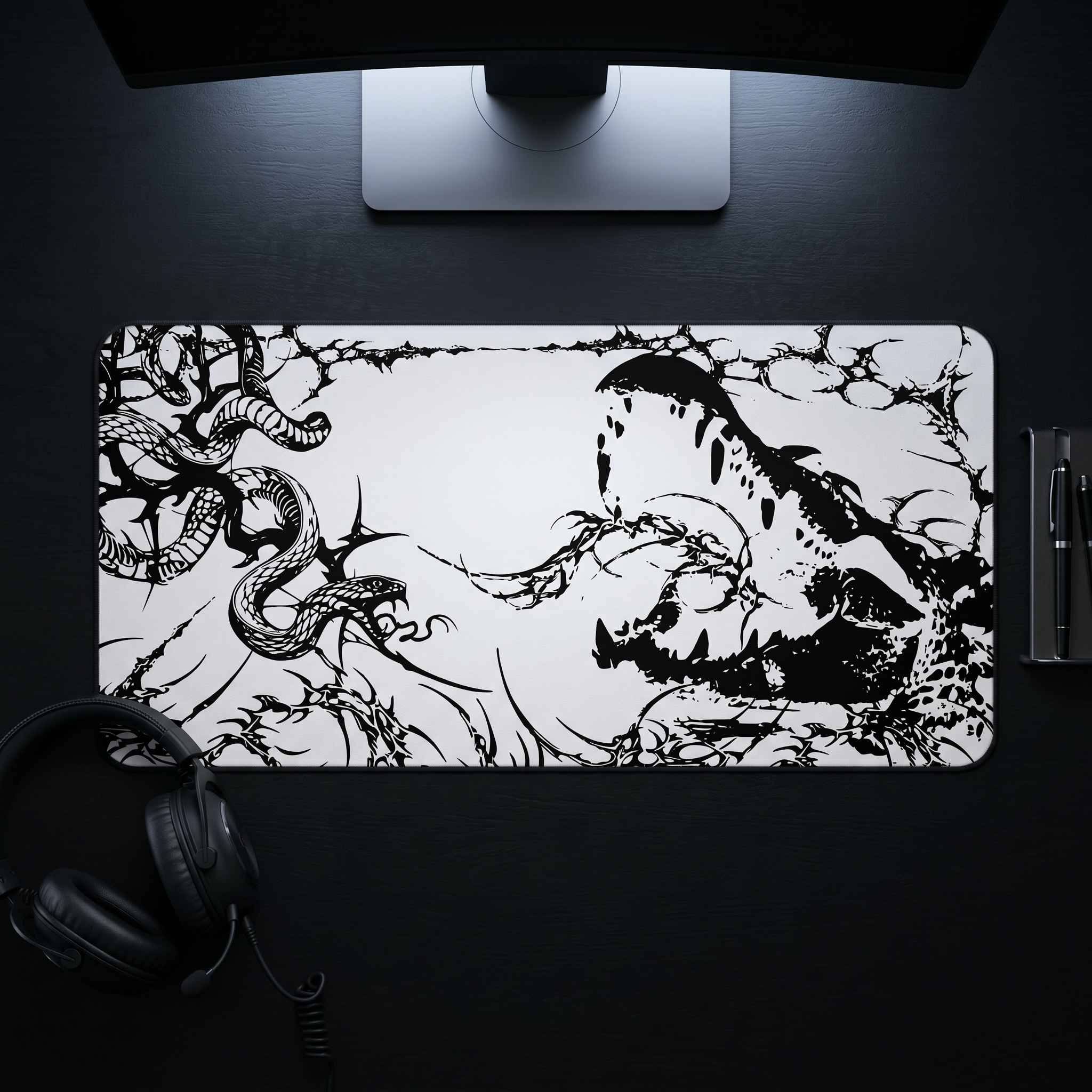 Crocodile and Snake – White Desk Mat – Monochrome Animal Mouse Pad