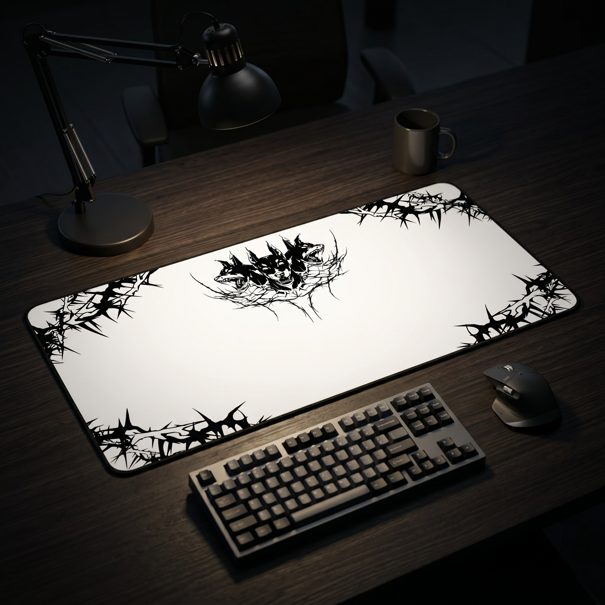 Hell Hounds – White Desk Mat – Cyber Sigil Hellhound Mouse Pad